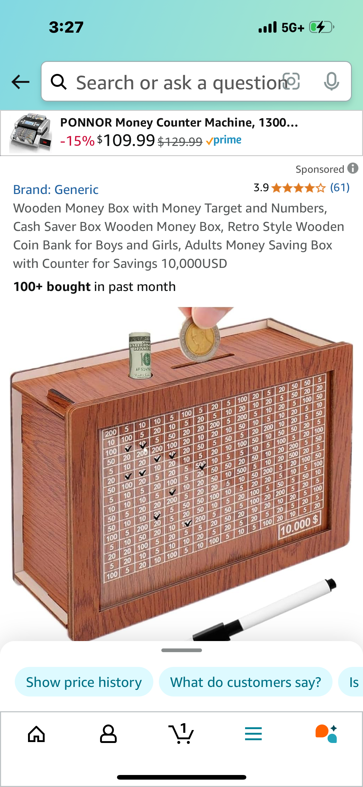Wooden Money Box with Money Target and Numbers, Cash Saver Box Wooden Money Box, Retro Style Wooden Coin Bank for Boys and Girls, Adults Money Saving Box with Counter for Savings 10,000USD