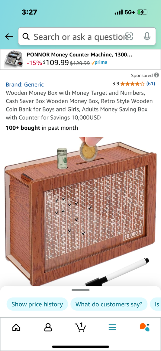 Wooden Money Box with Money Target and Numbers, Cash Saver Box Wooden Money Box, Retro Style Wooden Coin Bank for Boys and Girls, Adults Money Saving Box with Counter for Savings 10,000USD