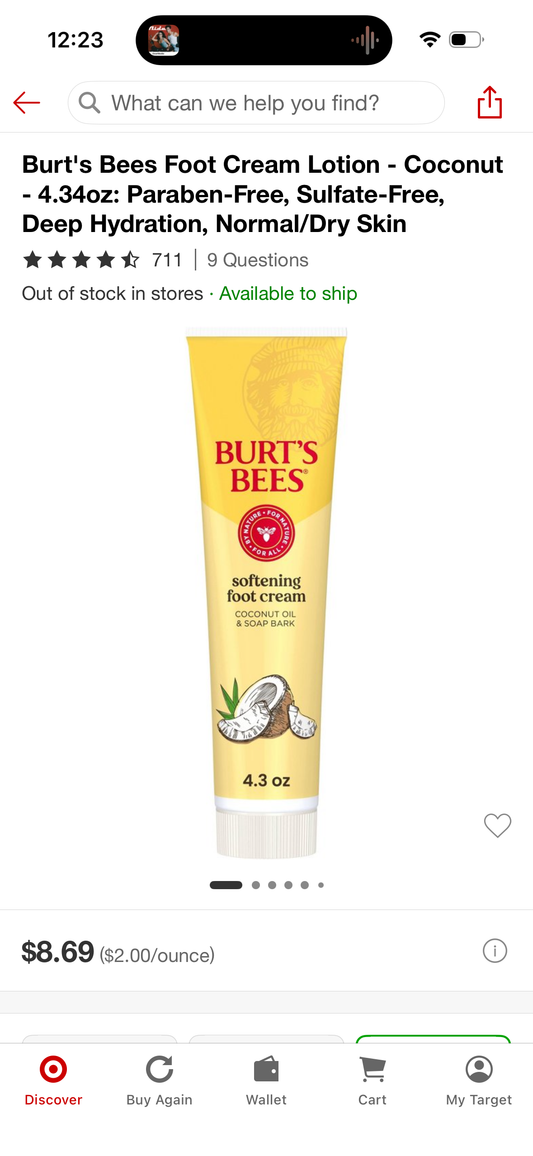Burt's Bees Foot Cream Lotion - Coconut - 4.34oz: Paraben-Free, Sulfate-Free, Deep Hydration, Normal/Dry Skin