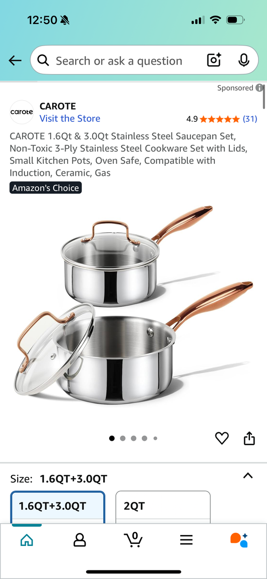 CAROTE 1.6Qt & 3.0Qt Stainless Steel Saucepan Set, Non-Toxic 3-Ply Stainless Steel Cookware Set with Lids, Small Kitchen Pots, Oven Safe, Compatible with Induction, Ceramic, Gas