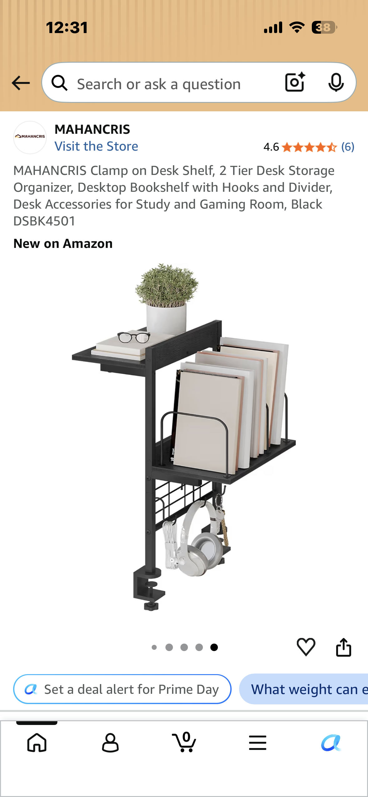 MAHANCRIS Clamp on Desk Shelf, 2 Tier Desk Storage Organizer, Desktop Bookshelf with Hooks and Divider, Desk Accessories for Study and Gaming Room, Black
