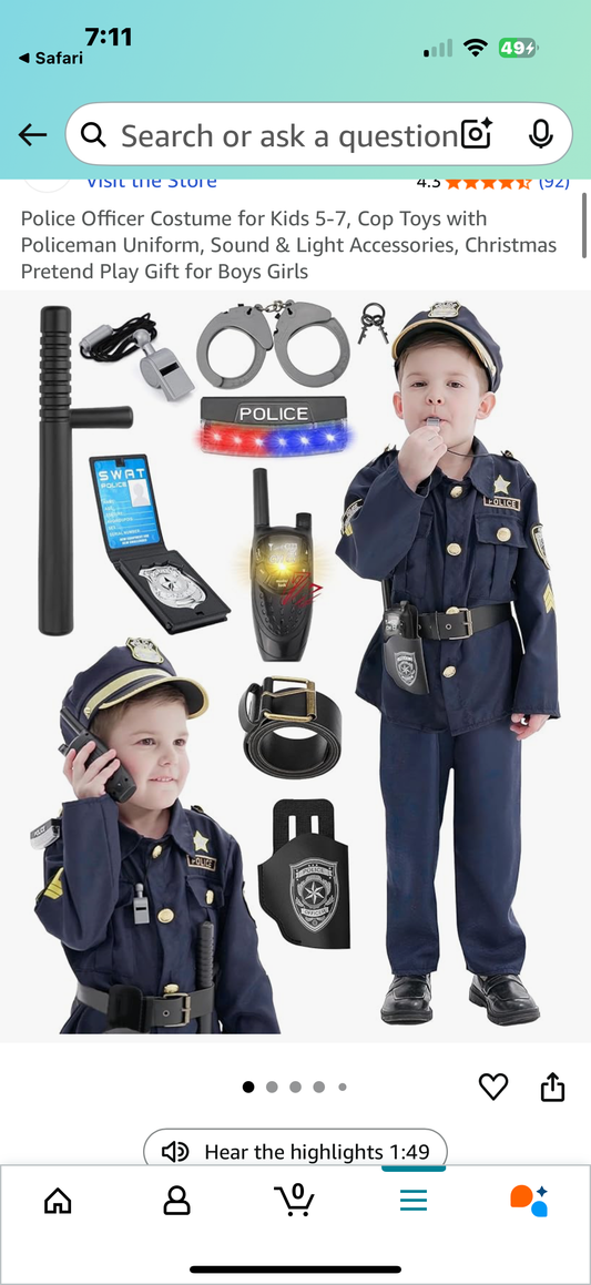 Police Officer Costume for Kids 5-7, Cop Toys with Policeman Uniform, Sound & Light Accessories, Christmas Pretend Play Gift for Boys Girls