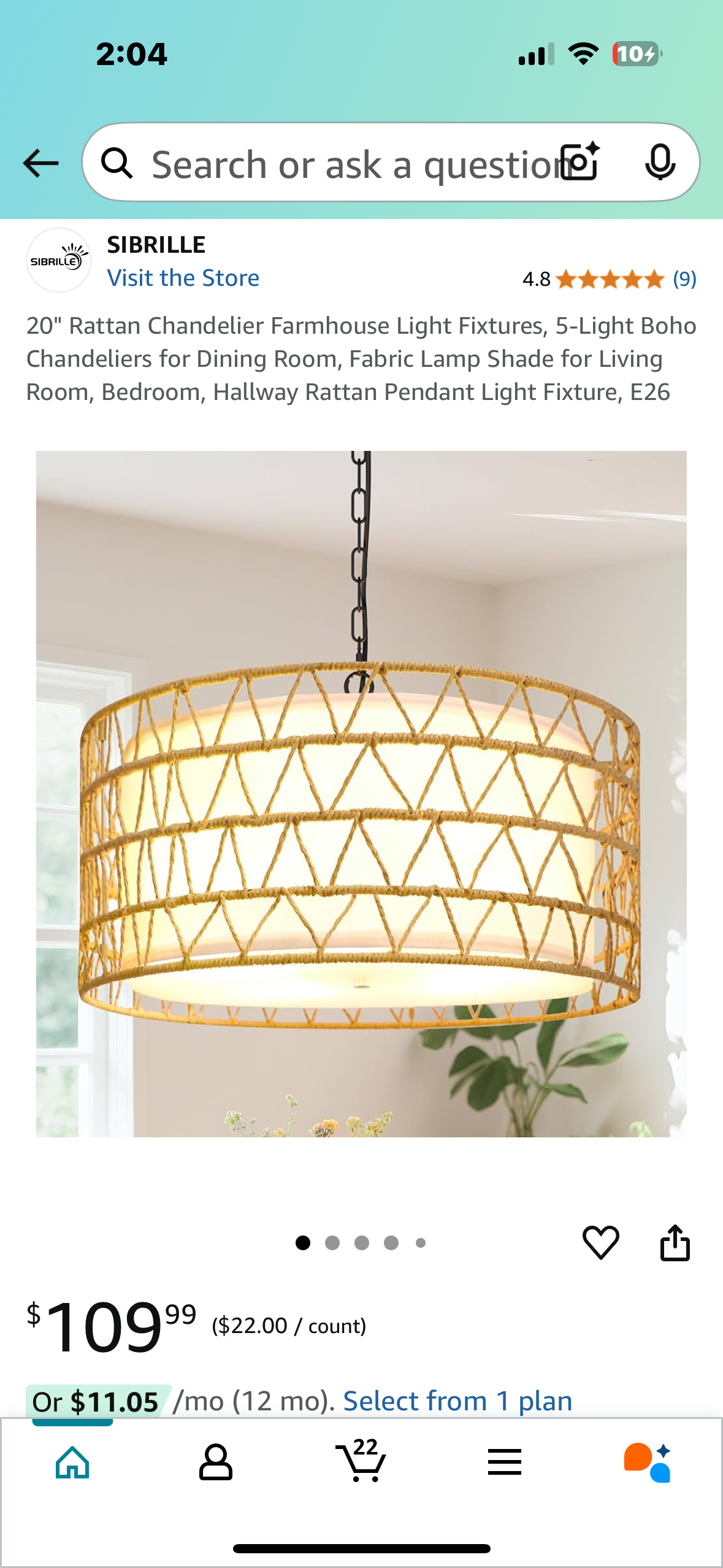 New - 20" 5-Light Boho Chandelier, Rattan Pendant Light Fixture, E26 (L905)