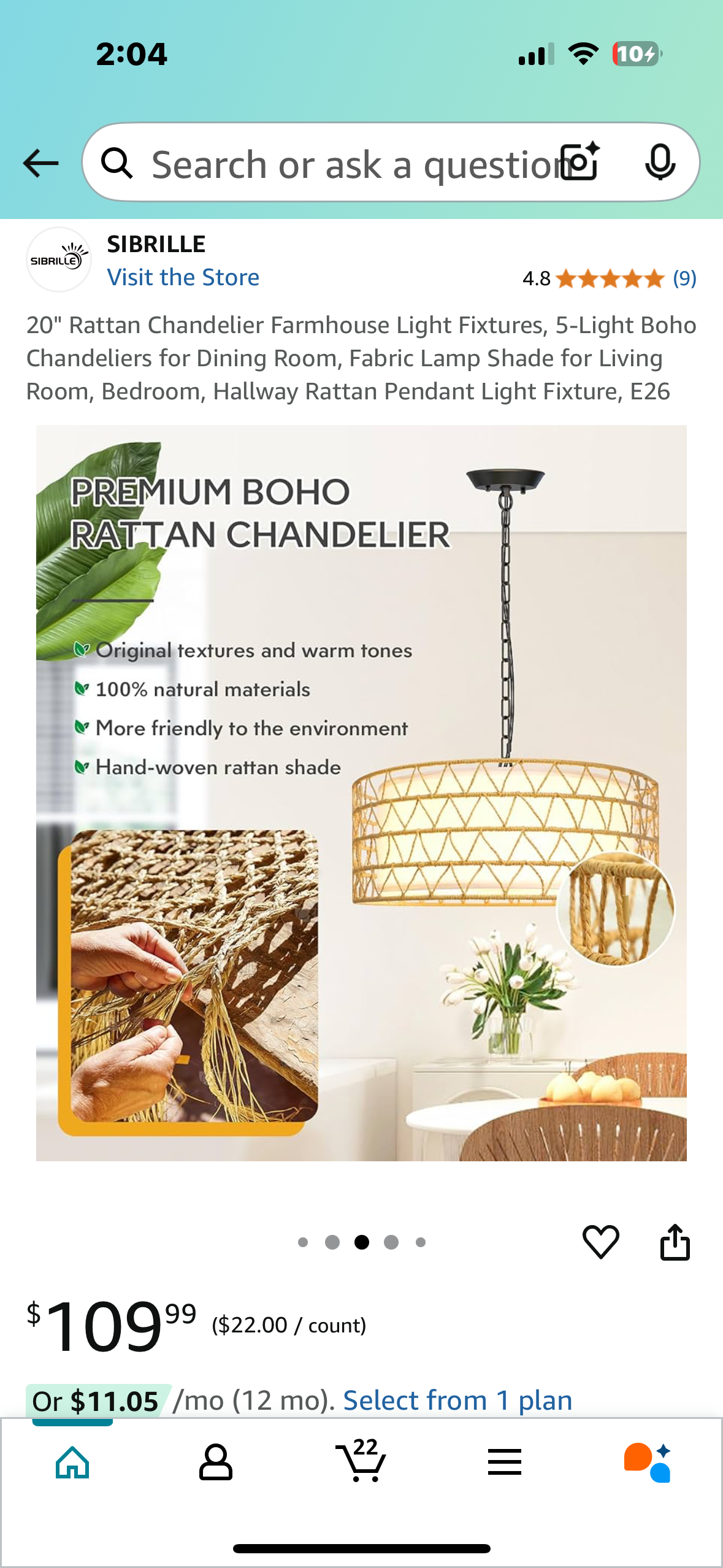 New - 20" 5-Light Boho Chandelier, Rattan Pendant Light Fixture, E26 (L905)