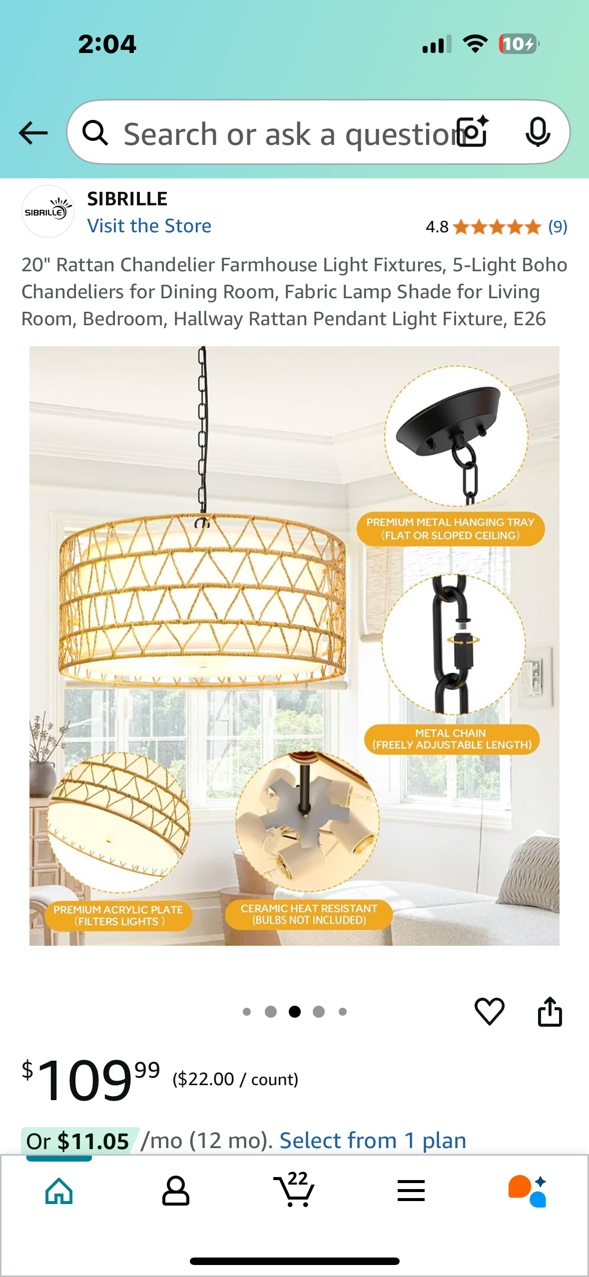 New - 20" 5-Light Boho Chandelier, Rattan Pendant Light Fixture, E26 (L905)