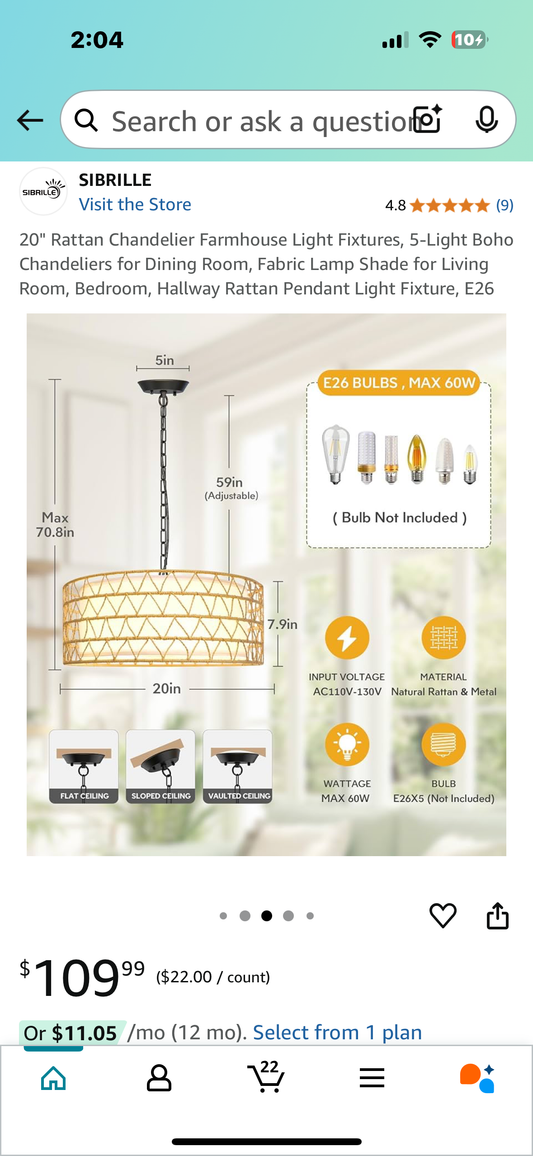 New - 20" 5-Light Boho Chandelier, Rattan Pendant Light Fixture, E26 (L905)