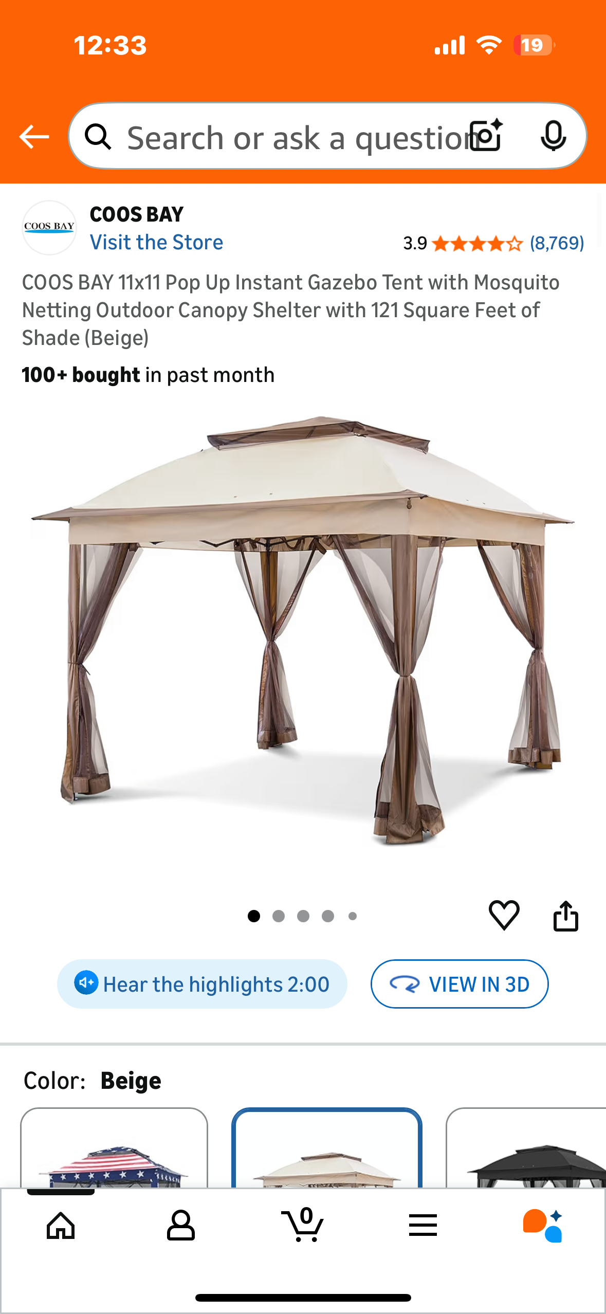 COOS BAY 11x11 Pop Up Instant Gazebo Tent with Mosquito Netting, Outdoor Canopy Shelter with 121 Square Feet of Shade (Beige) (G933)