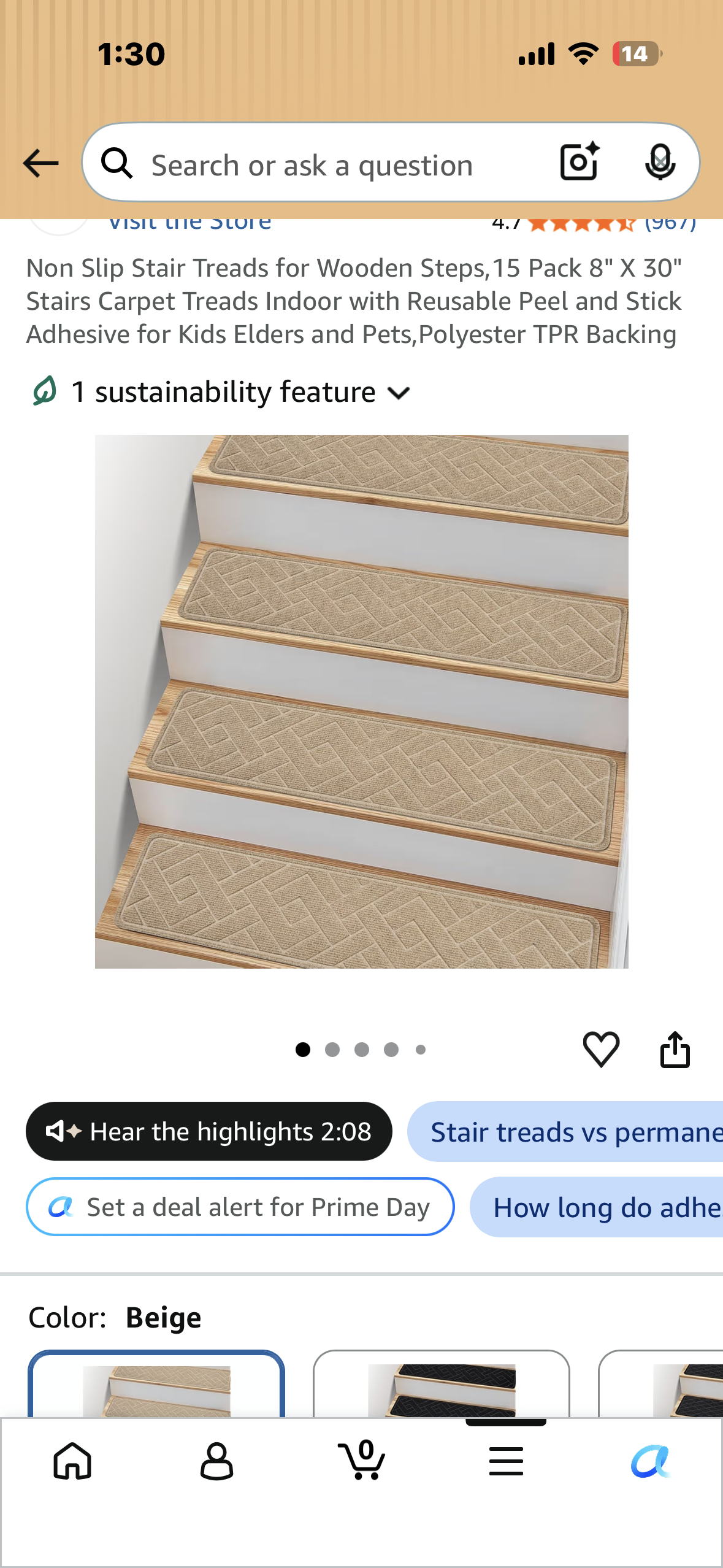 15 PCS Stair Treads, Non Slip Peel and Stick Carpet Stair Treads for Wooden Steps, Indoor 8x30 inch Self Adhesive Stair Runner, Beige