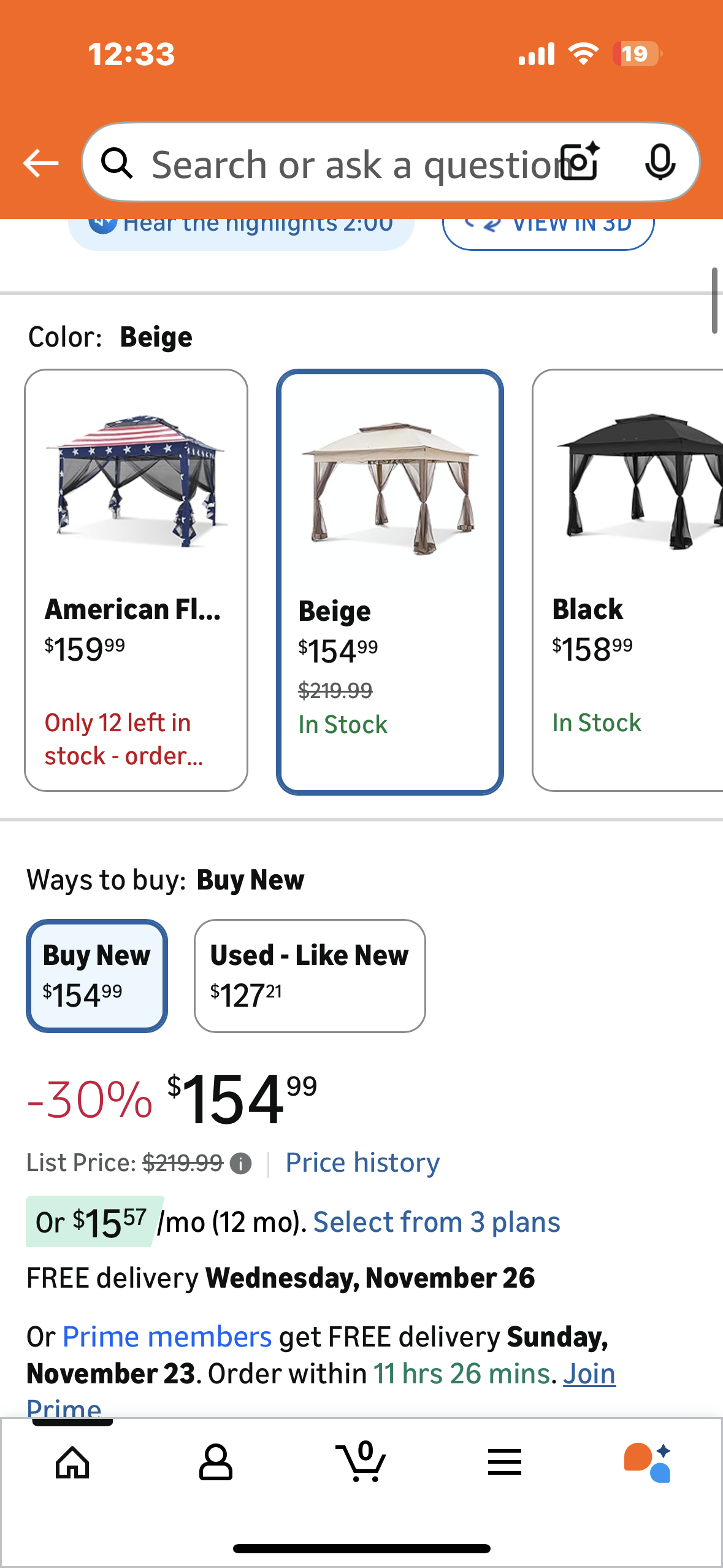 COOS BAY 11x11 Pop Up Instant Gazebo Tent with Mosquito Netting, Outdoor Canopy Shelter with 121 Square Feet of Shade (Beige) (G933)