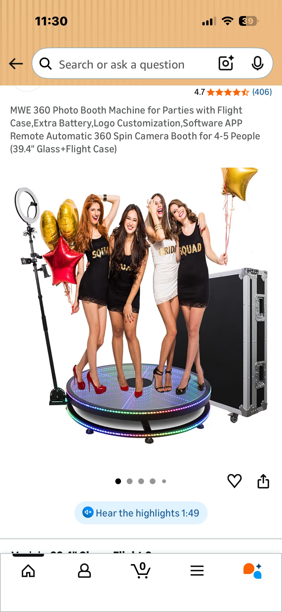 Photo Booth Machine, Great for Parties, Flight Case and Accessories Included, Remote Control, Third Party App Friendly, Automatic 360 Spin Camera Booth for 4-5 People (39.4" Glass+Flight Case) (R795)