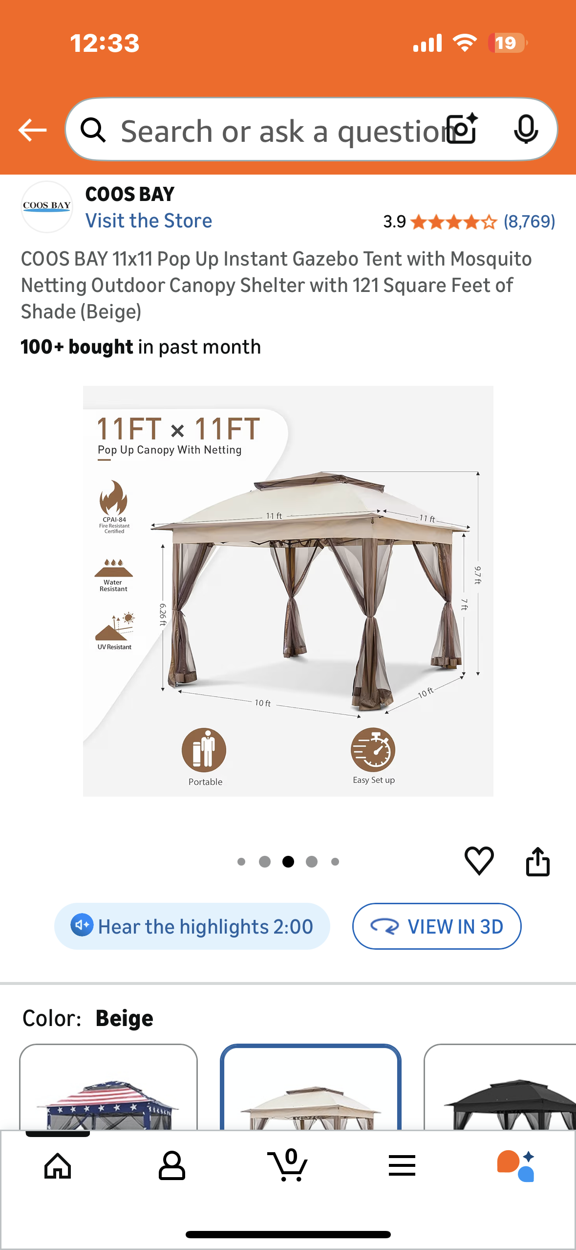 COOS BAY 11x11 Pop Up Instant Gazebo Tent with Mosquito Netting, Outdoor Canopy Shelter with 121 Square Feet of Shade (Beige) (G933)