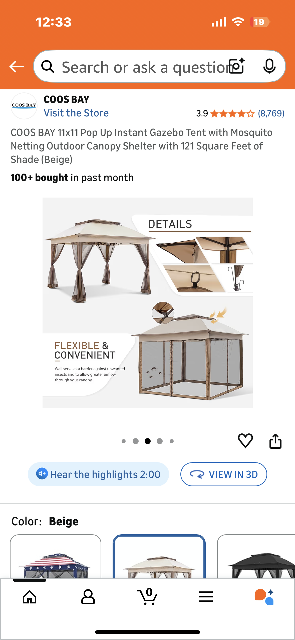 COOS BAY 11x11 Pop Up Instant Gazebo Tent with Mosquito Netting, Outdoor Canopy Shelter with 121 Square Feet of Shade (Beige) (G933)