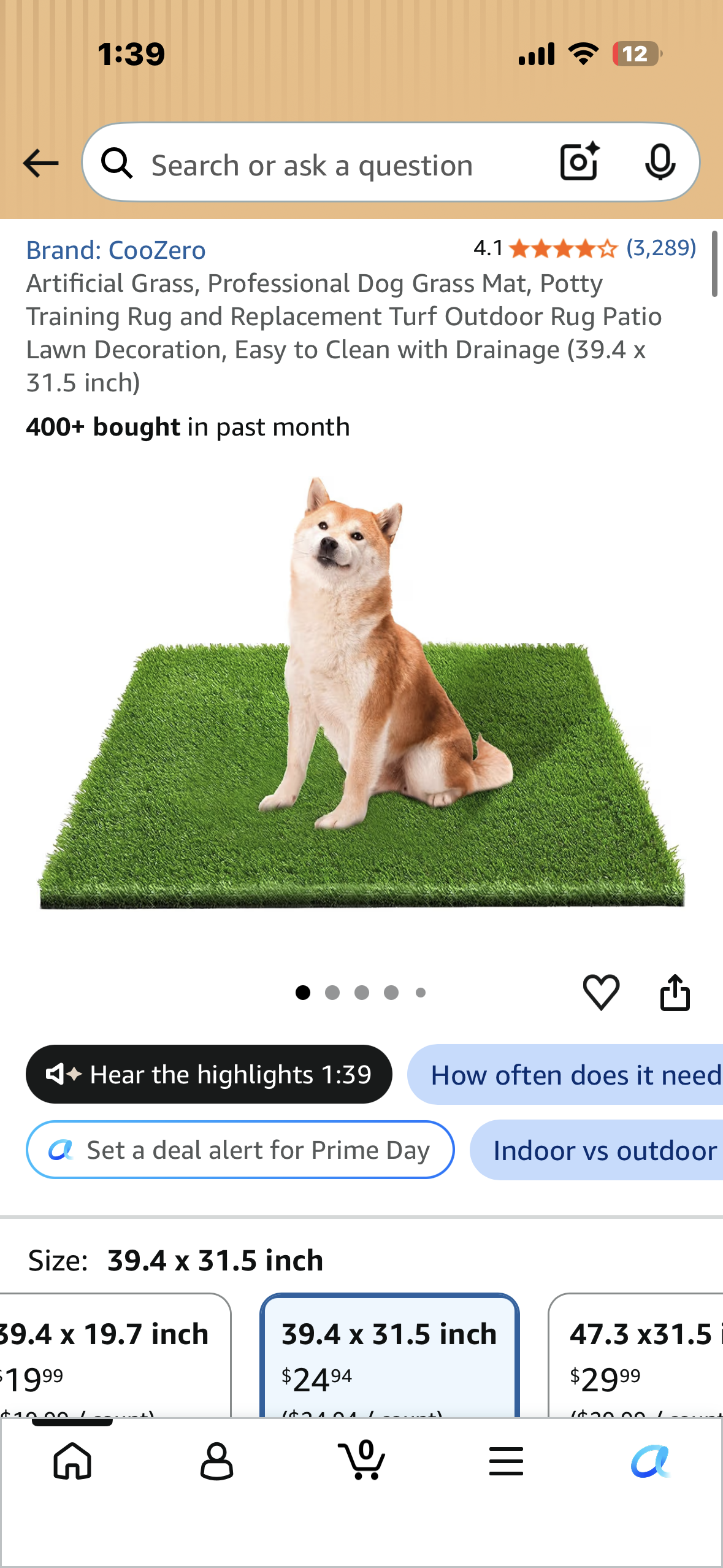 Artificial Grass, Professional Dog Grass Mat, Potty Training Rug and Replacement Turf Outdoor Rug Patio Lawn Decoration, Easy to Clean with Drainage (39.4 x 31.5 inch)