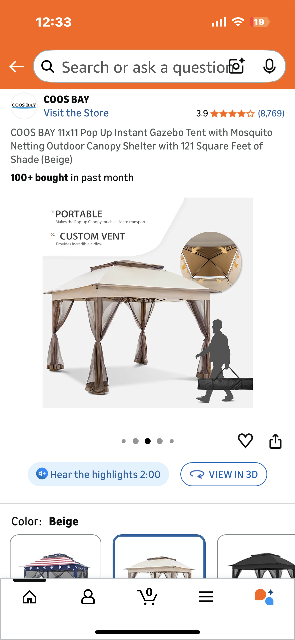 COOS BAY 11x11 Pop Up Instant Gazebo Tent with Mosquito Netting, Outdoor Canopy Shelter with 121 Square Feet of Shade (Beige) (G933)