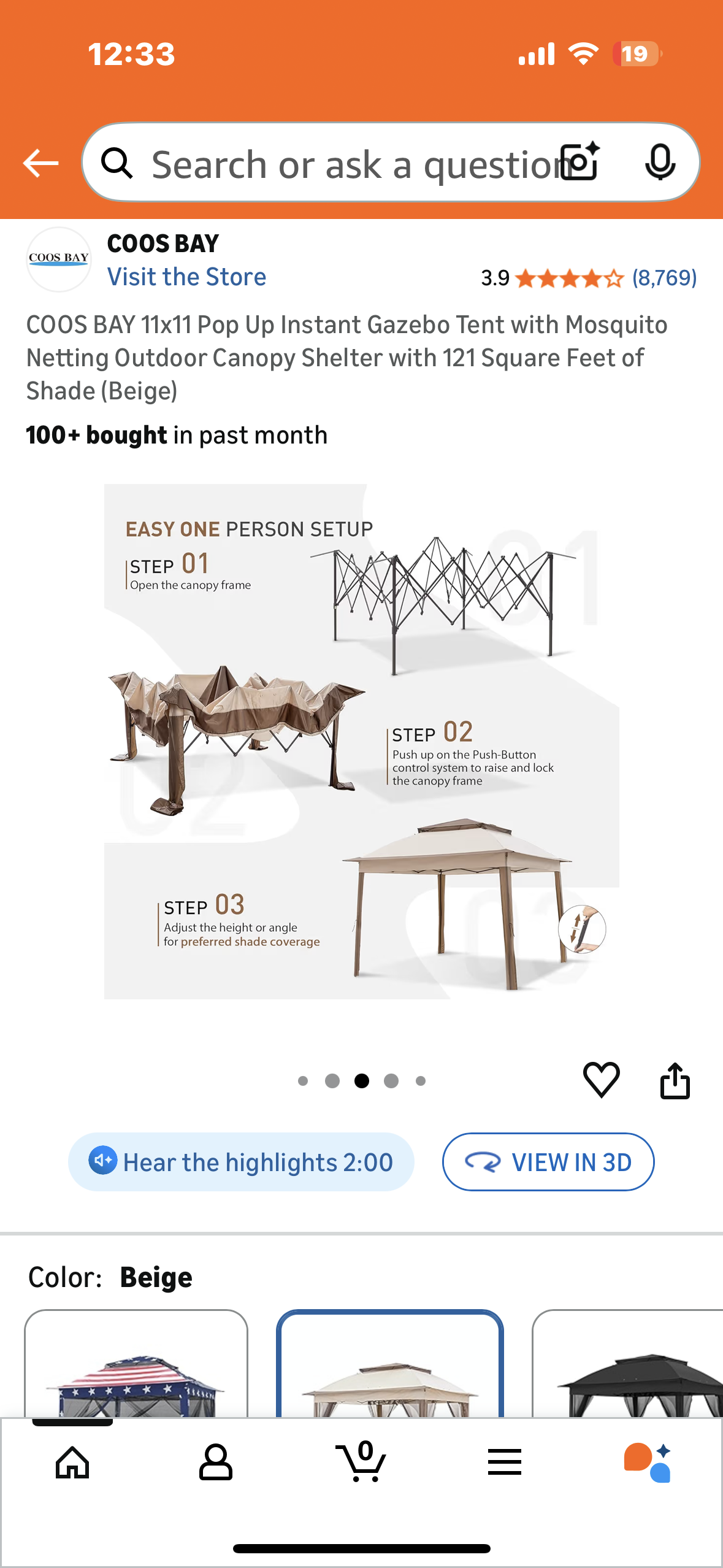 COOS BAY 11x11 Pop Up Instant Gazebo Tent with Mosquito Netting, Outdoor Canopy Shelter with 121 Square Feet of Shade (Beige) (G933)