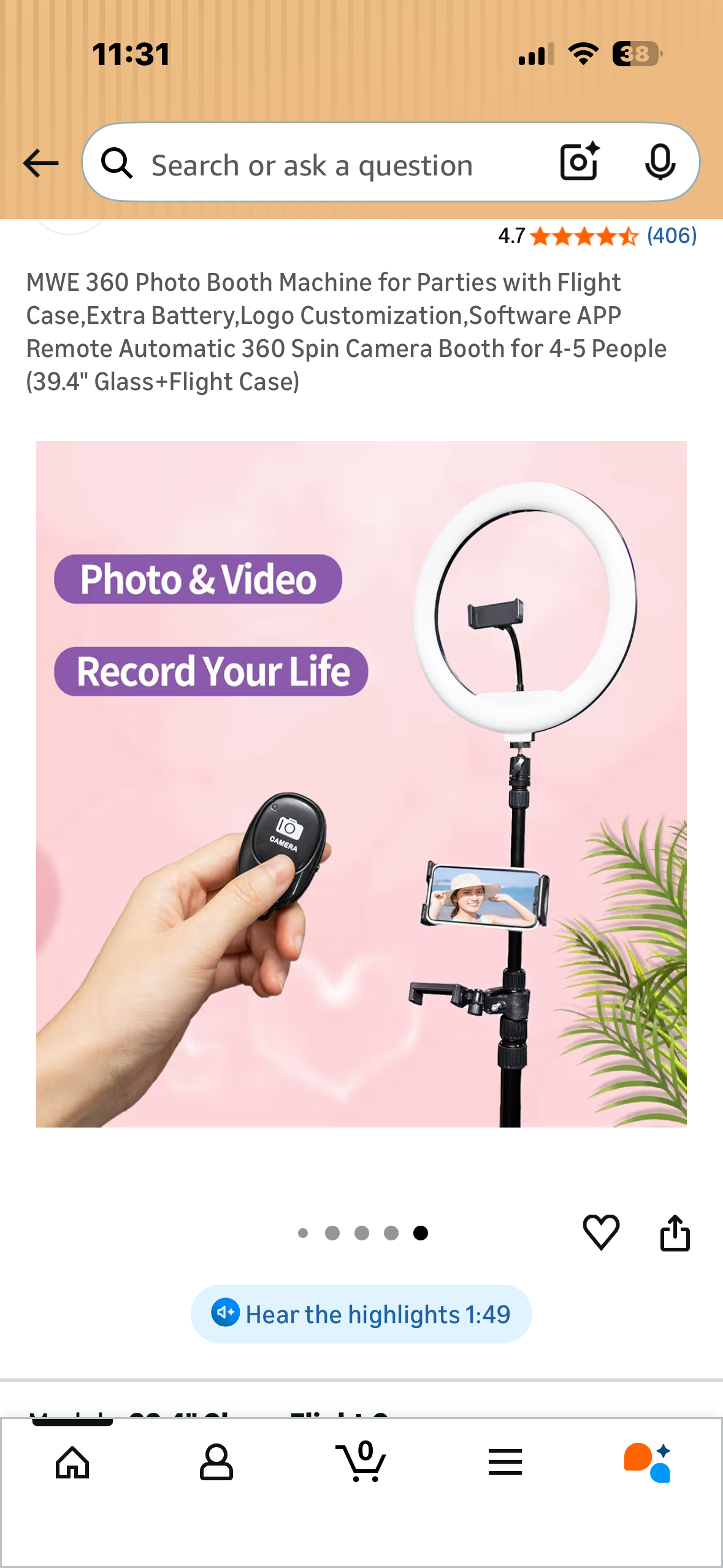 Photo Booth Machine, Great for Parties, Flight Case and Accessories Included, Remote Control, Third Party App Friendly, Automatic 360 Spin Camera Booth for 4-5 People (39.4" Glass+Flight Case) (R795)