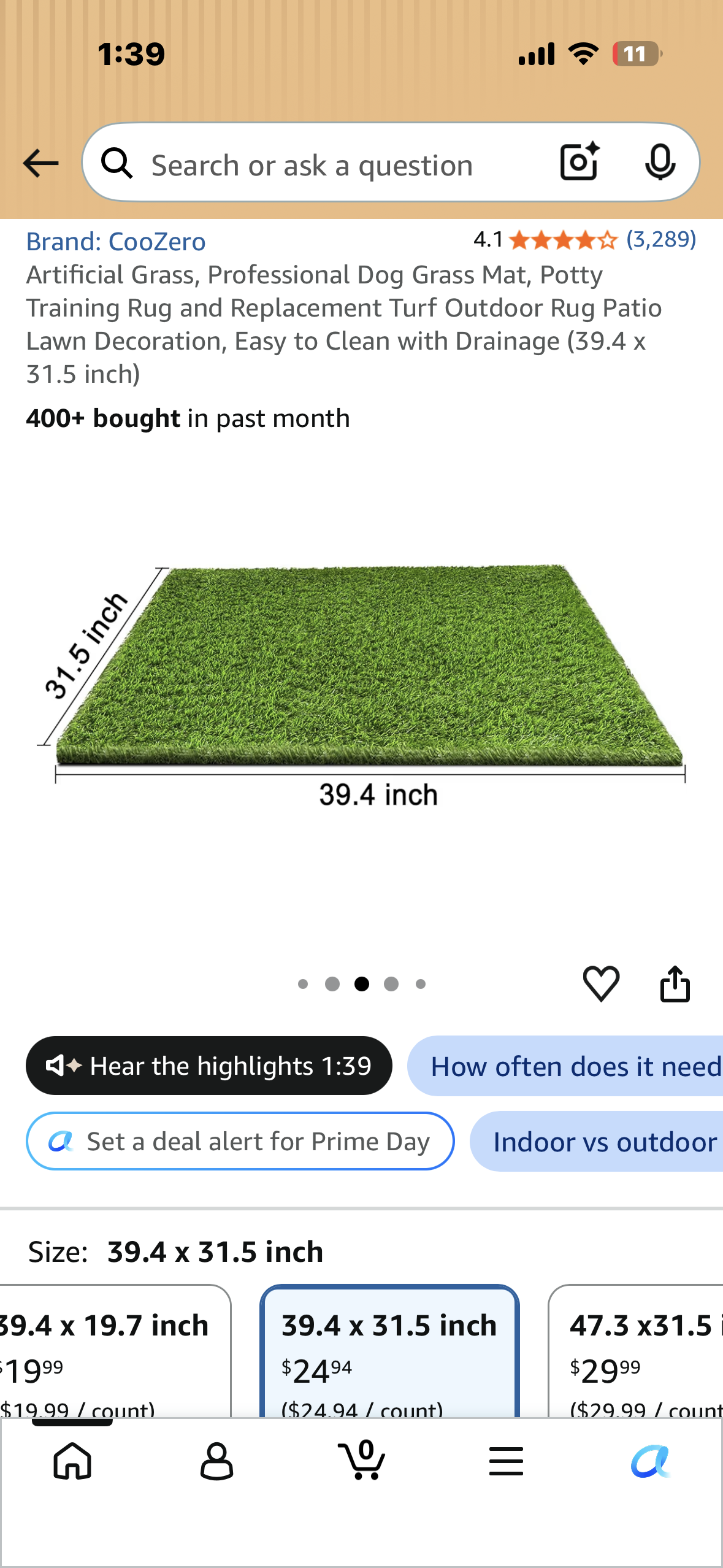 Artificial Grass, Professional Dog Grass Mat, Potty Training Rug and Replacement Turf Outdoor Rug Patio Lawn Decoration, Easy to Clean with Drainage (39.4 x 31.5 inch)
