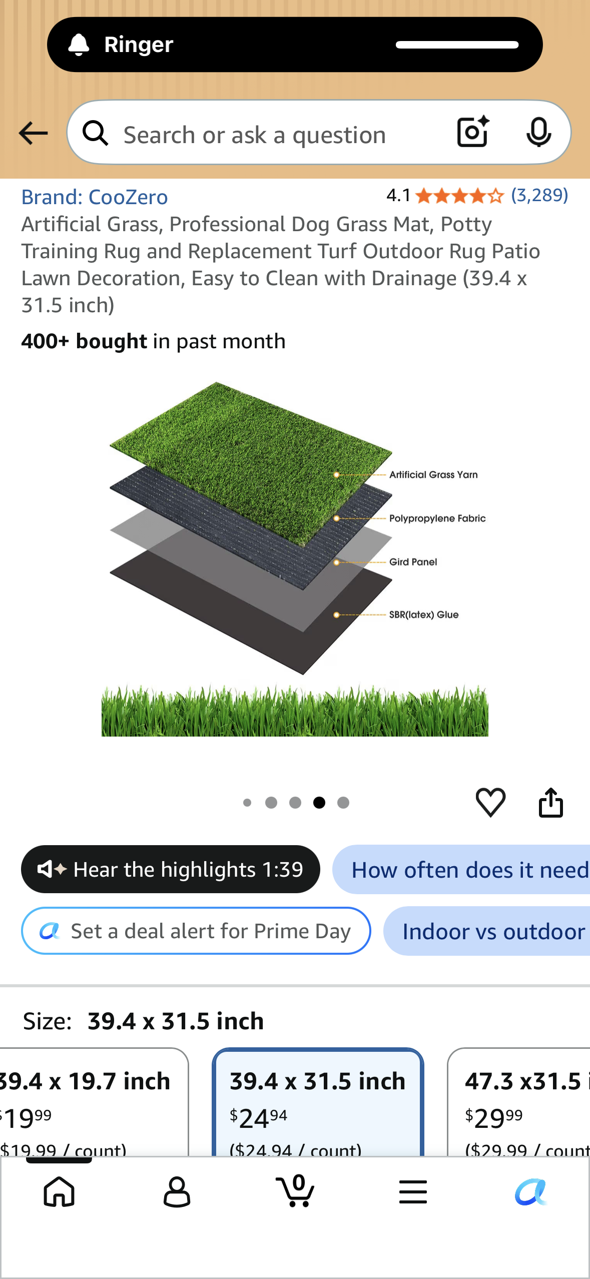 Artificial Grass, Professional Dog Grass Mat, Potty Training Rug and Replacement Turf Outdoor Rug Patio Lawn Decoration, Easy to Clean with Drainage (39.4 x 31.5 inch)