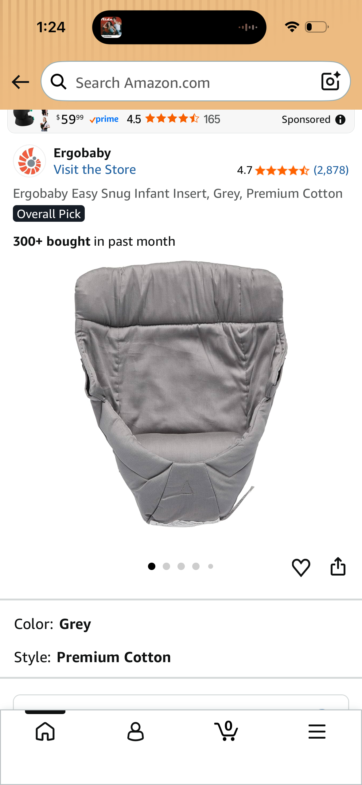 Ergobaby Easy Snug Infant Insert, Grey, Premium Cotton