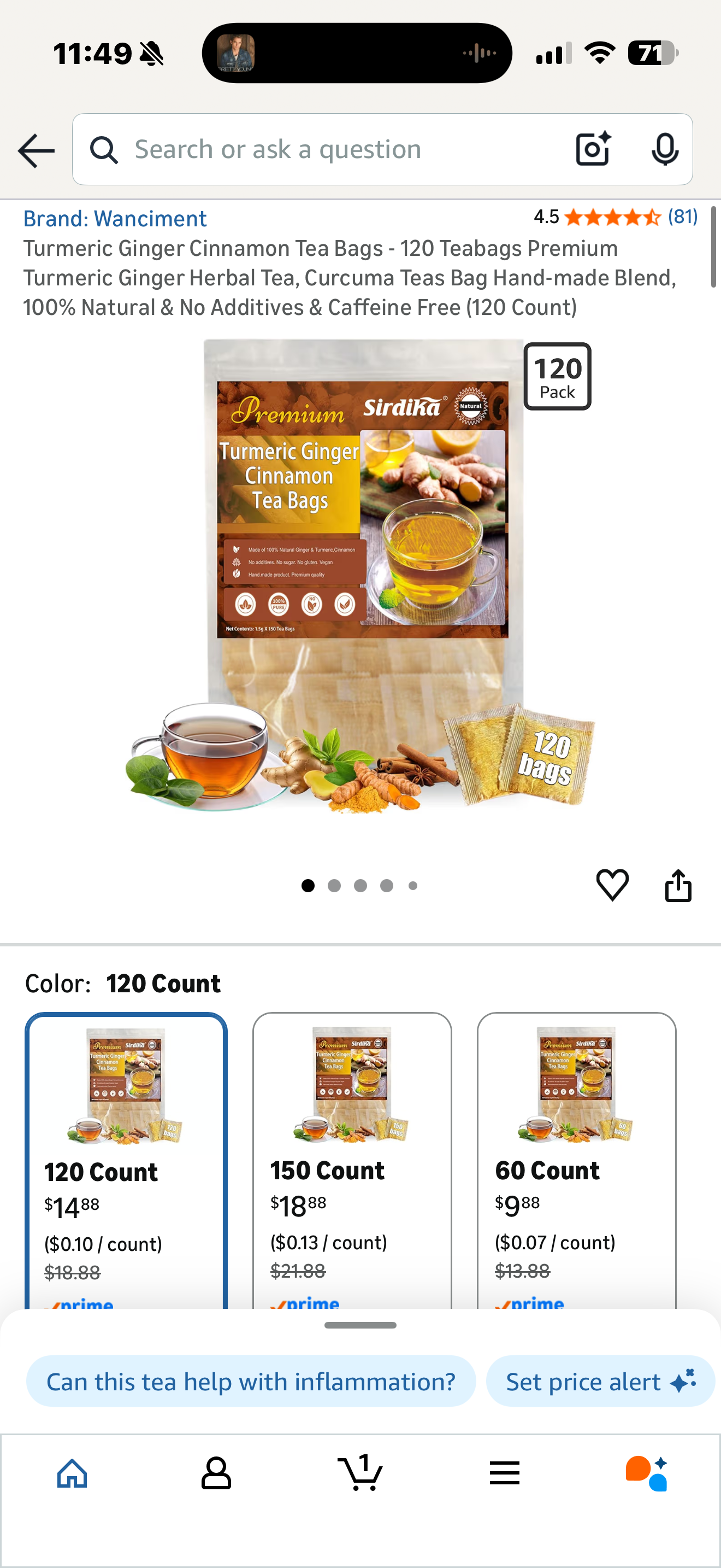 Turmeric Ginger Cinnamon Tea Bags - 120 Teabags Premium Turmeric Ginger Herbal Tea, Curcuma Teas Bag Hand-made Blend, 100% Natural & No Additives & Caffeine Free (120 Count) Exp 9/2026