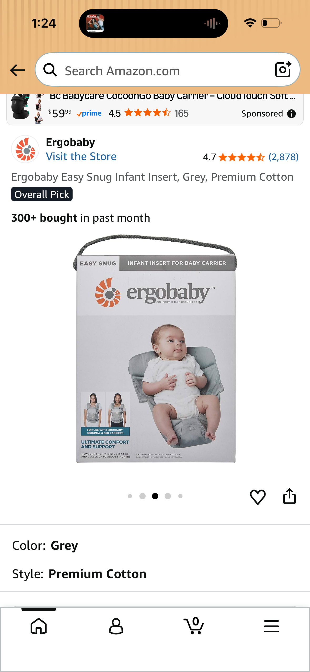 Ergobaby Easy Snug Infant Insert, Grey, Premium Cotton