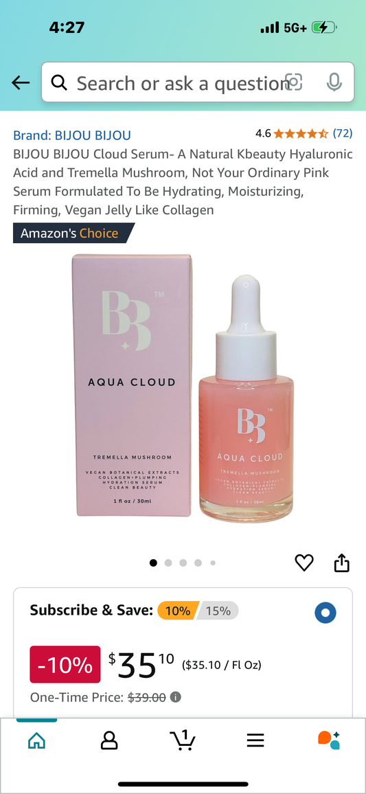BIJOU BIJOU Cloud Serum- A Natural Kbeauty Hyaluronic Acid and Tremella Mushroom, Not Your Ordinary Pink Serum Formulated To Be Hydrating, Moisturizing, Firming, Vegan Jelly Like Collagen