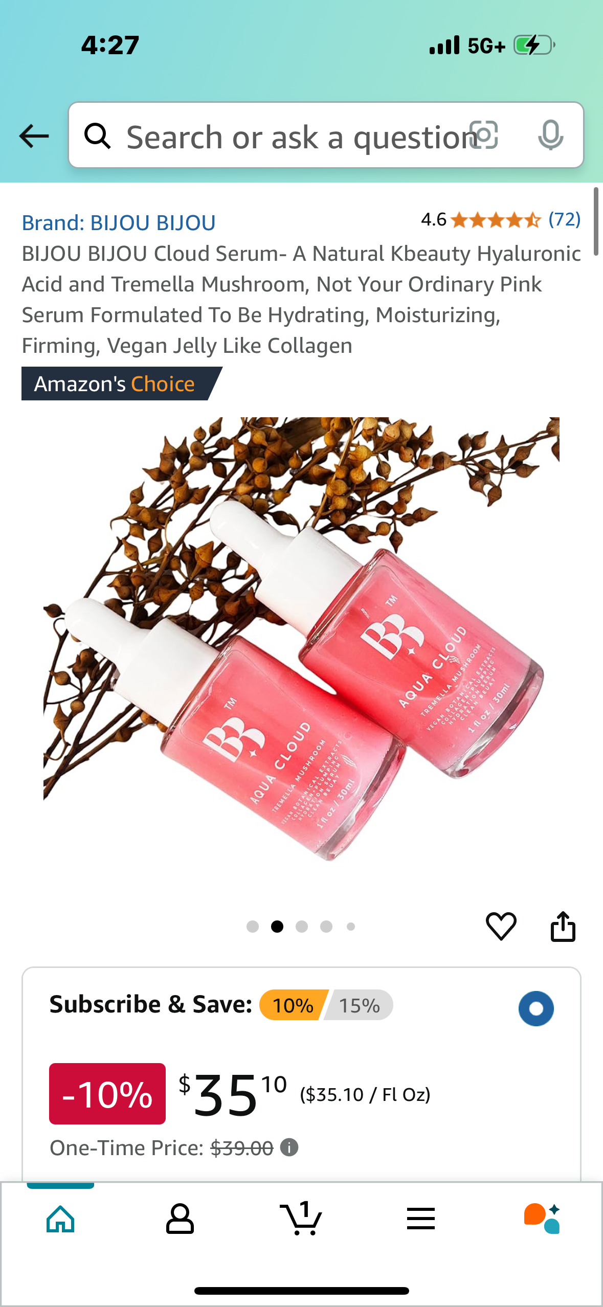 BIJOU BIJOU Cloud Serum- A Natural Kbeauty Hyaluronic Acid and Tremella Mushroom, Not Your Ordinary Pink Serum Formulated To Be Hydrating, Moisturizing, Firming, Vegan Jelly Like Collagen