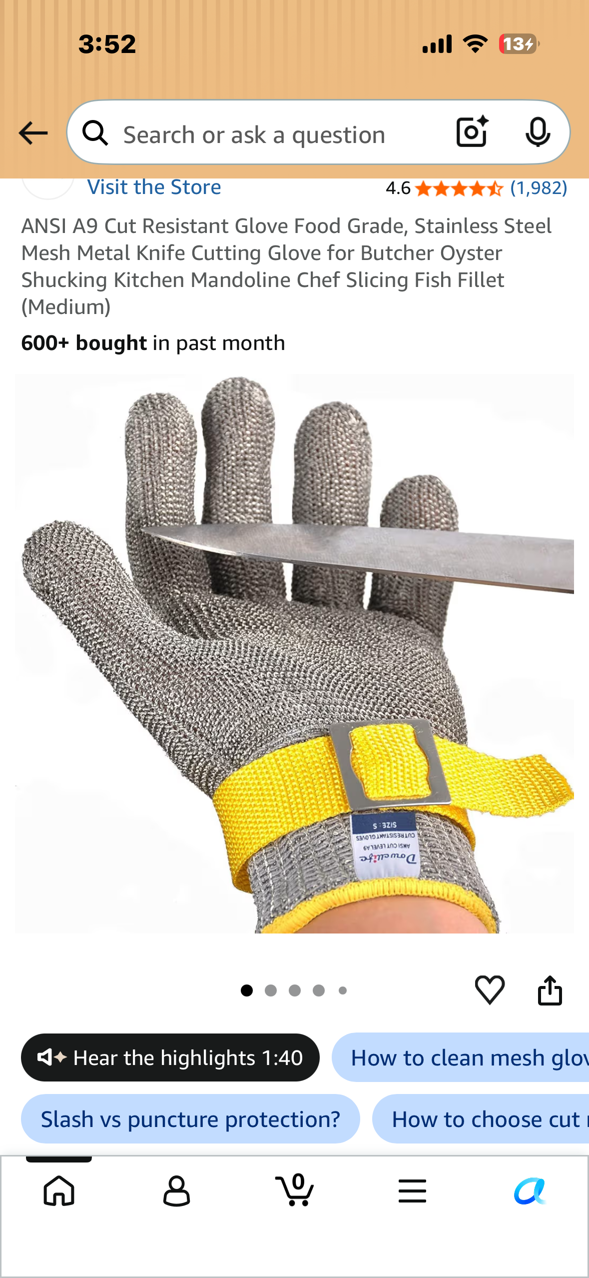 ANSI A9 Cut Resistant Glove Food Grade, Stainless Steel Mesh Metal Knife Cutting Glove for Butcher Oyster Shucking Kitchen Mandoline Chef Slicing Fish Fillet (Medium)