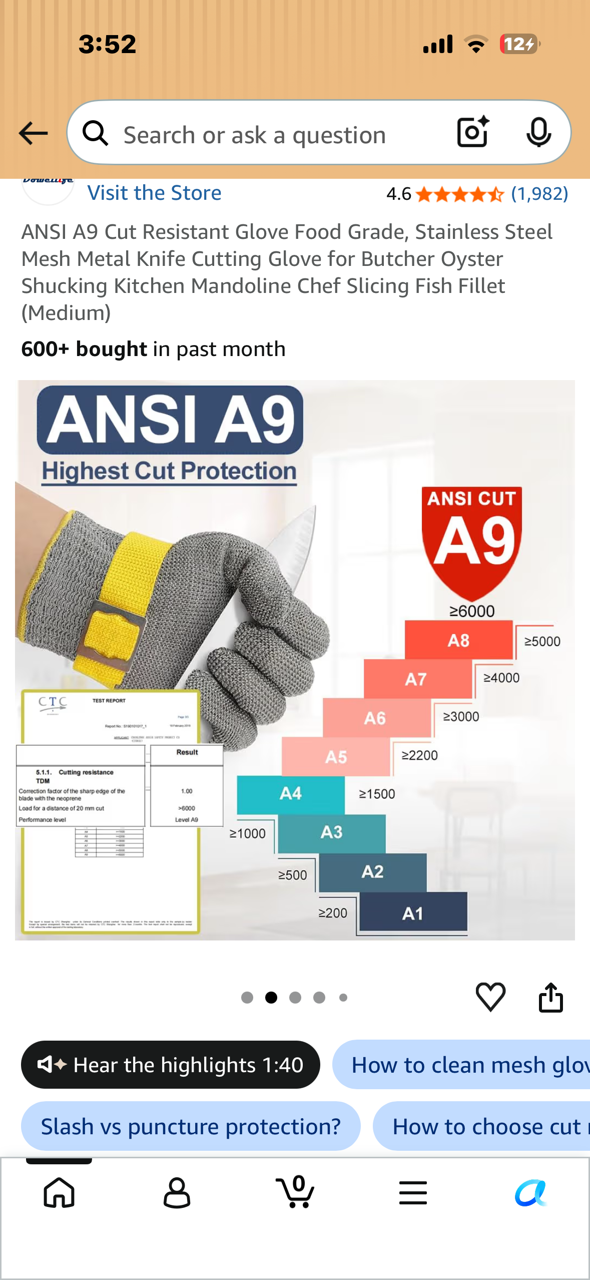 ANSI A9 Cut Resistant Glove Food Grade, Stainless Steel Mesh Metal Knife Cutting Glove for Butcher Oyster Shucking Kitchen Mandoline Chef Slicing Fish Fillet (Medium)