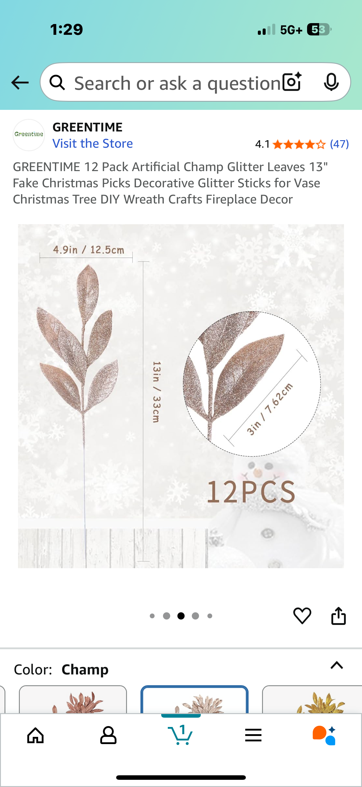 12 Pack Artificial Champ Glitter Leaves 13" Fake Christmas Picks Decorative Glitter Sticks for Vase Christmas Tree DIY Wreath Crafts Fireplace Decor
