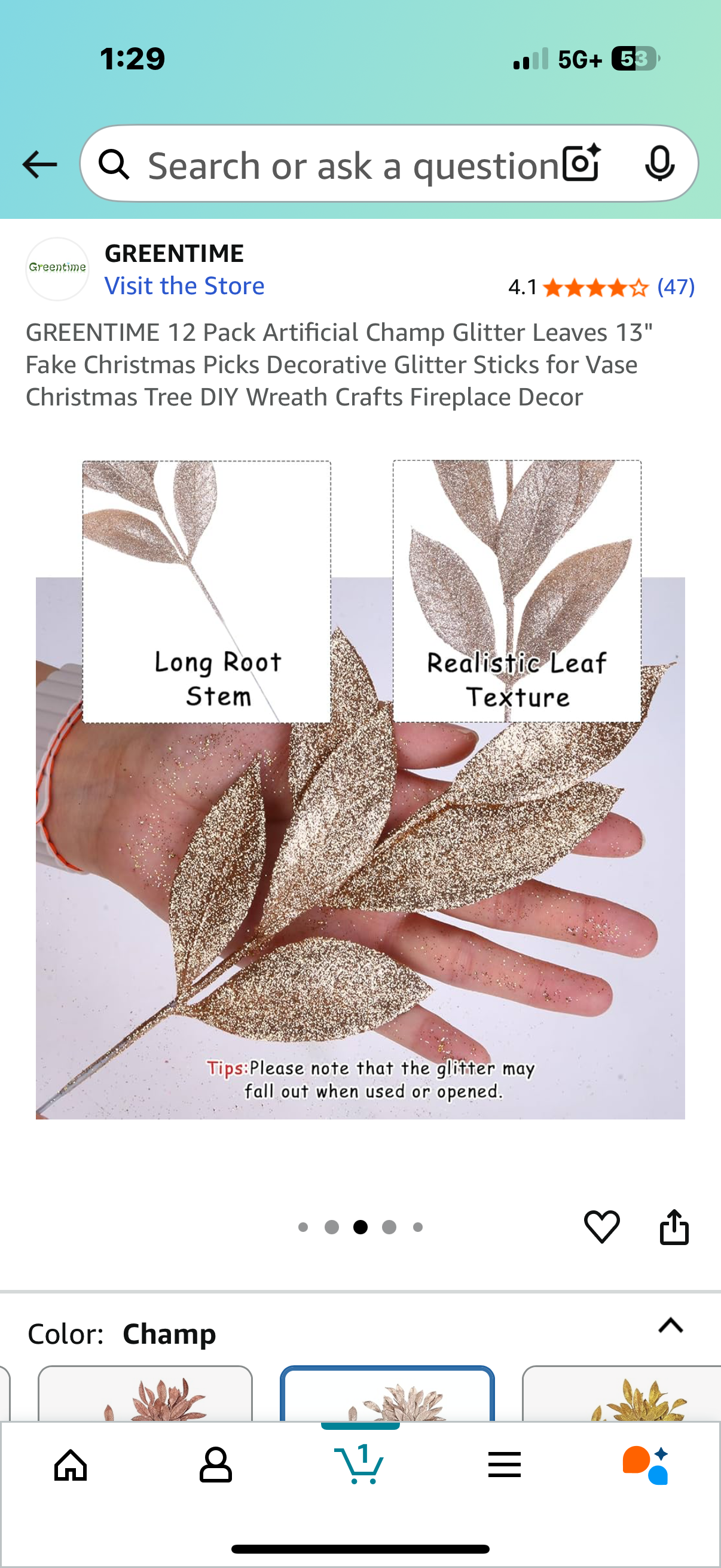 12 Pack Artificial Champ Glitter Leaves 13" Fake Christmas Picks Decorative Glitter Sticks for Vase Christmas Tree DIY Wreath Crafts Fireplace Decor