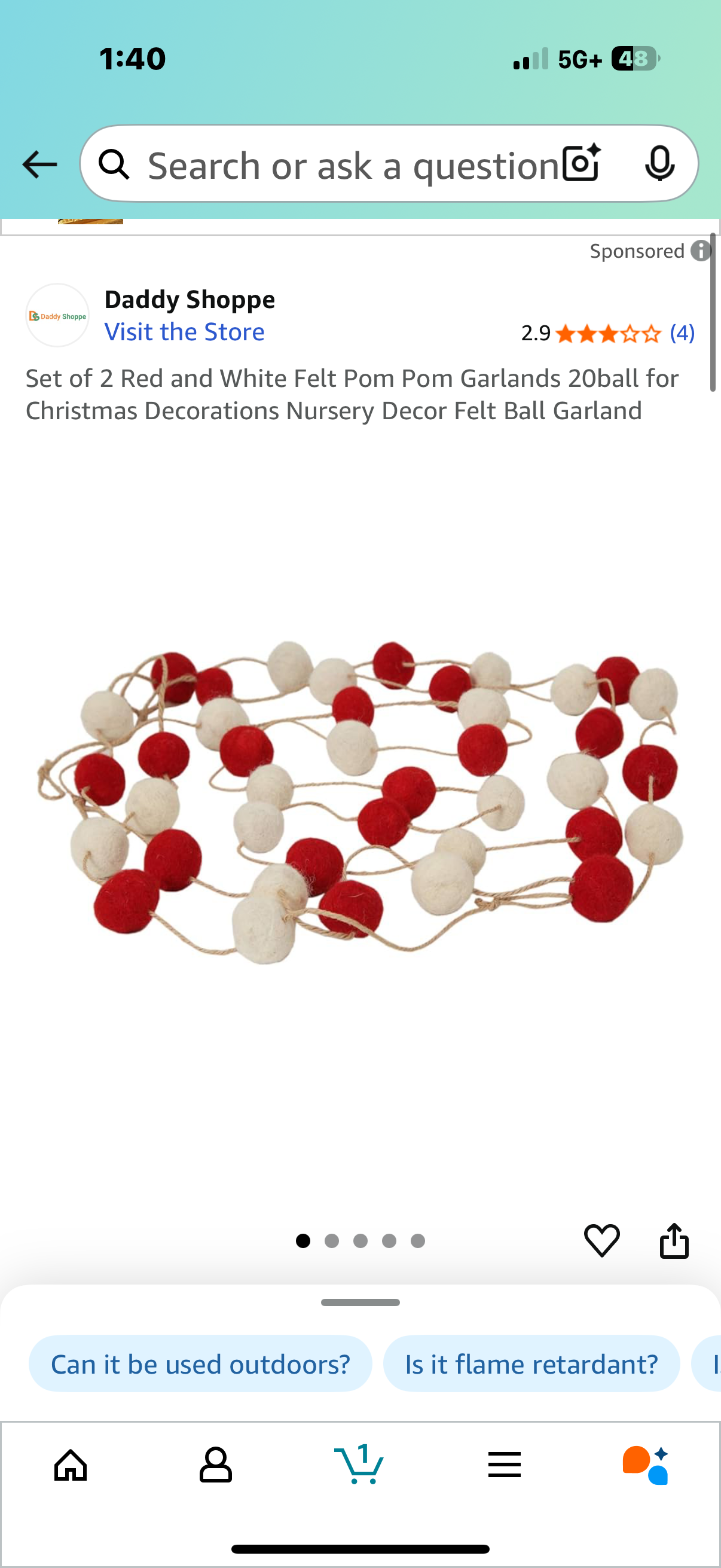 Set of 2 Red and White Felt Pom Pom Garlands 20ball for Christmas Decorations Nursery Decor Felt Ball Garland