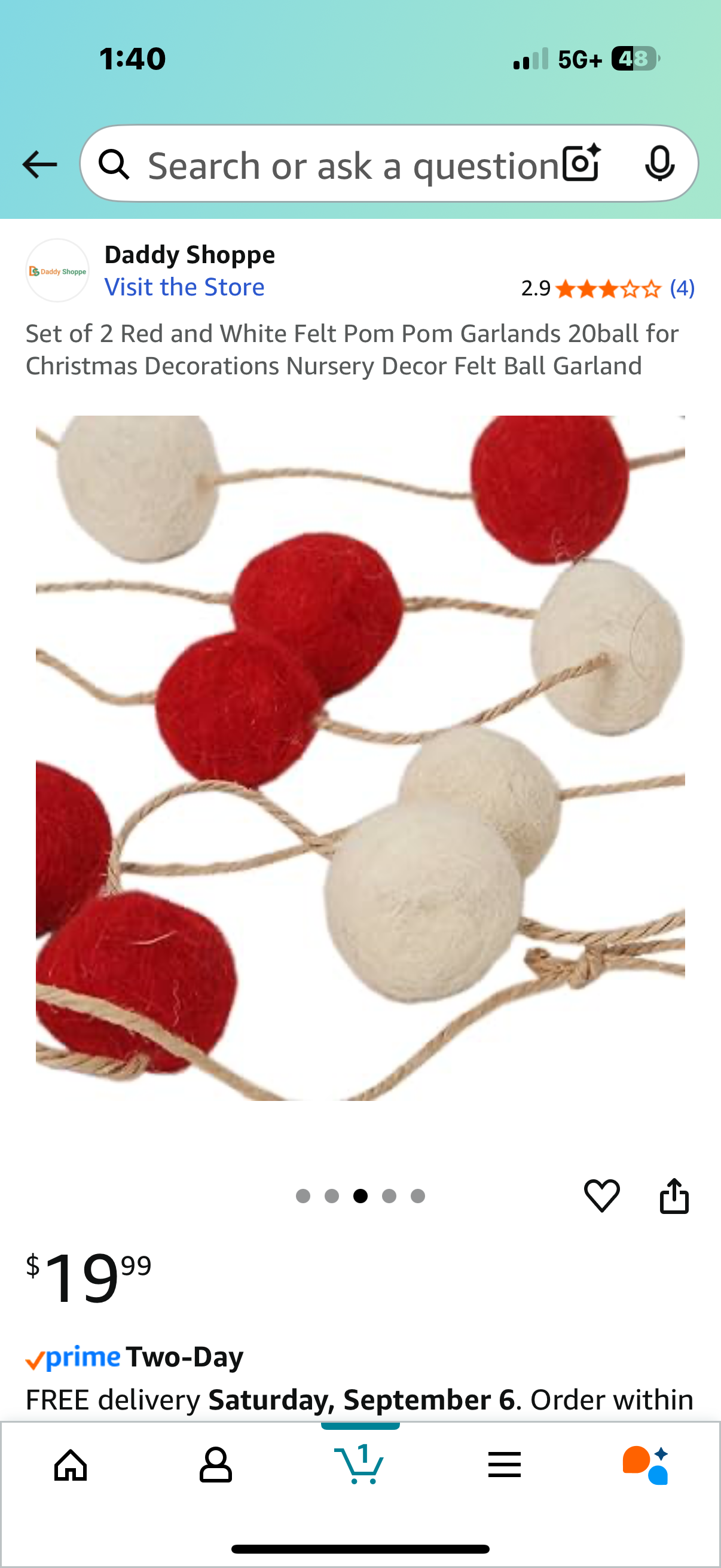 Set of 2 Red and White Felt Pom Pom Garlands 20ball for Christmas Decorations Nursery Decor Felt Ball Garland