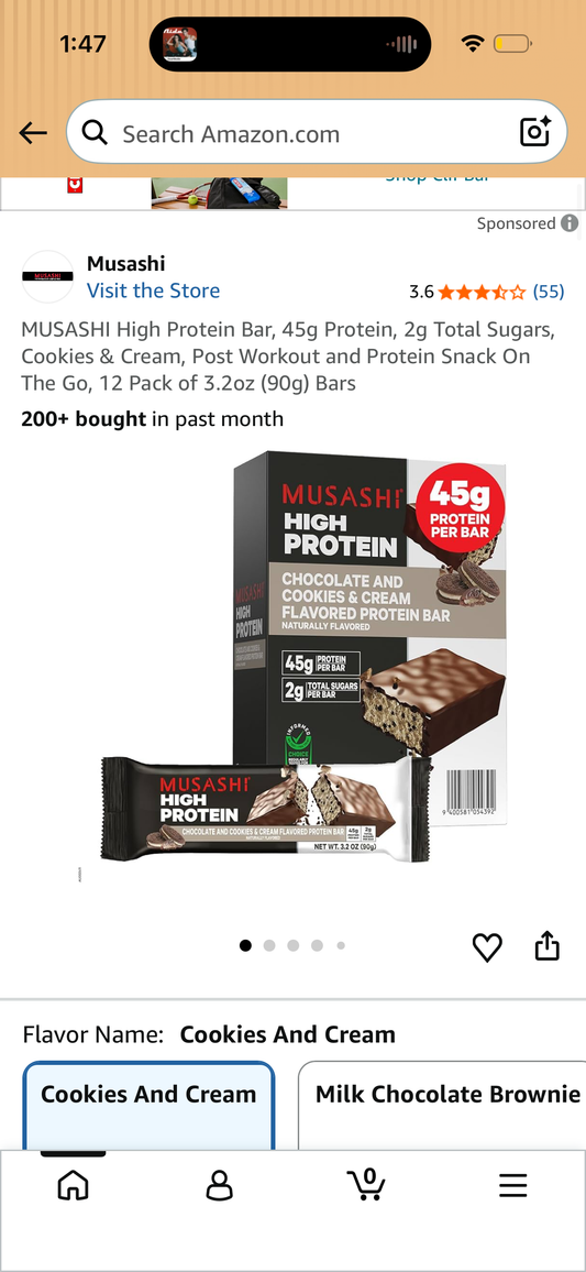 MUSASHI High Protein Bar, 45g Protein, 2g Total Sugars, Cookies & Cream, Post Workout and Protein Snack On The Go, 12 Pack of 3.2oz (90g) Bars (Best by 07/23/2026)