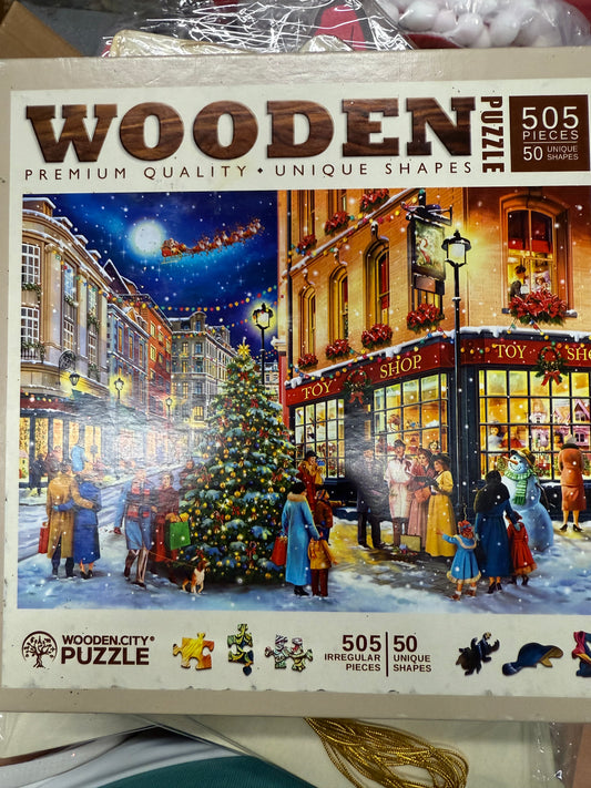 WOODEN.CITY 500 Pieces Wooden Jigsaw Puzzle for Adults - Christmas Street - Retro Nostalgia Wood Puzzles with Xmas Pieces & Unusual Shapes - 15,5 x 10,5 inches