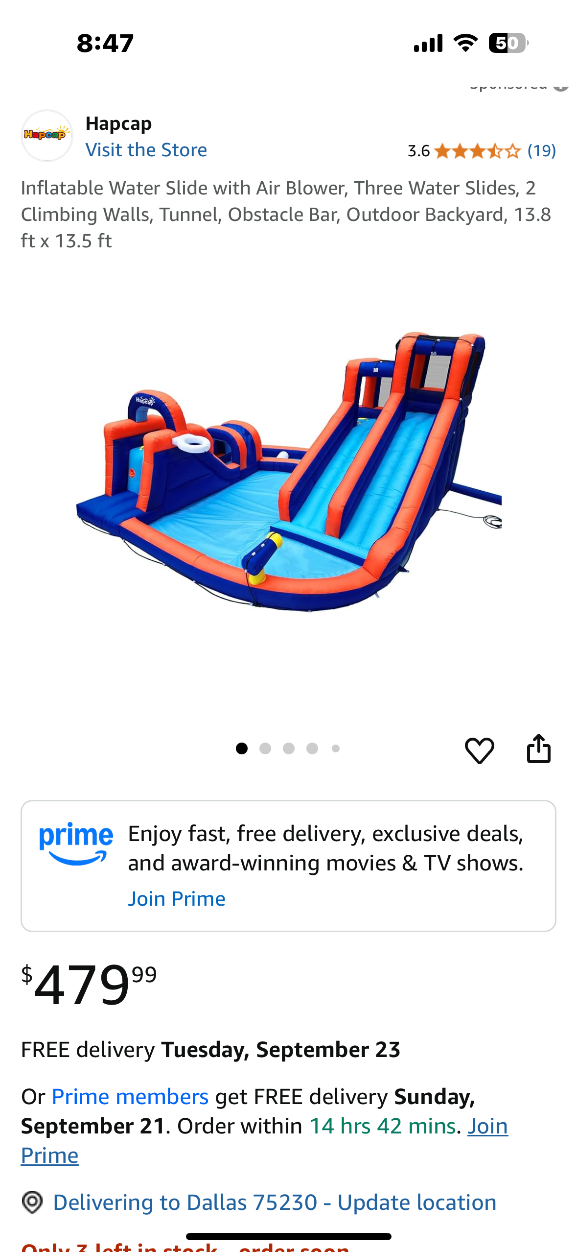 HAPCAP Inflatable Water Slide with Air Blower, Three Water Slides, 2
Climbing Walls, Tunnel, Obstacle Bar, Outdoor Backyard, 13.8 ft x 13.5 ft (W501)