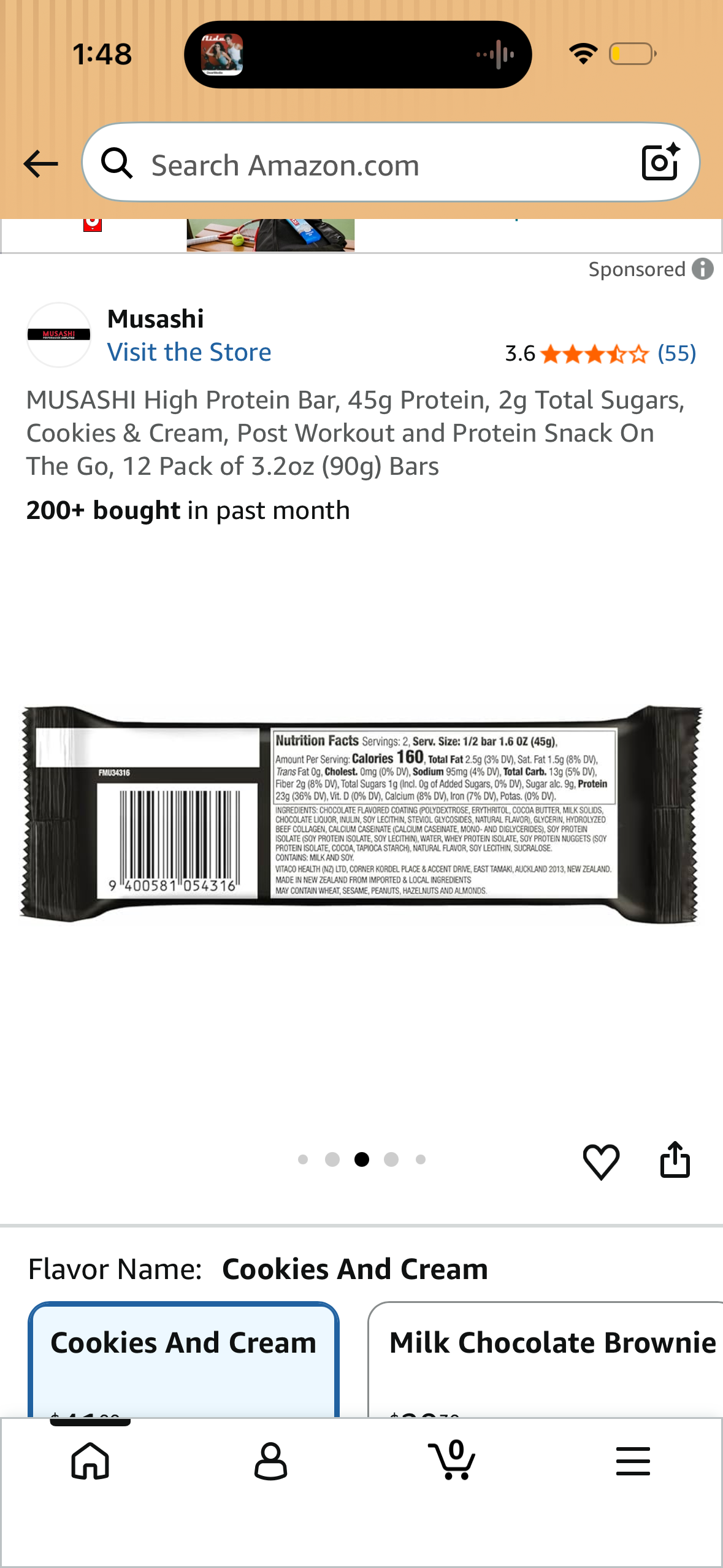 MUSASHI High Protein Bar, 45g Protein, 2g Total Sugars, Cookies & Cream, Post Workout and Protein Snack On The Go, 12 Pack of 3.2oz (90g) Bars (Best by 07/23/2026)