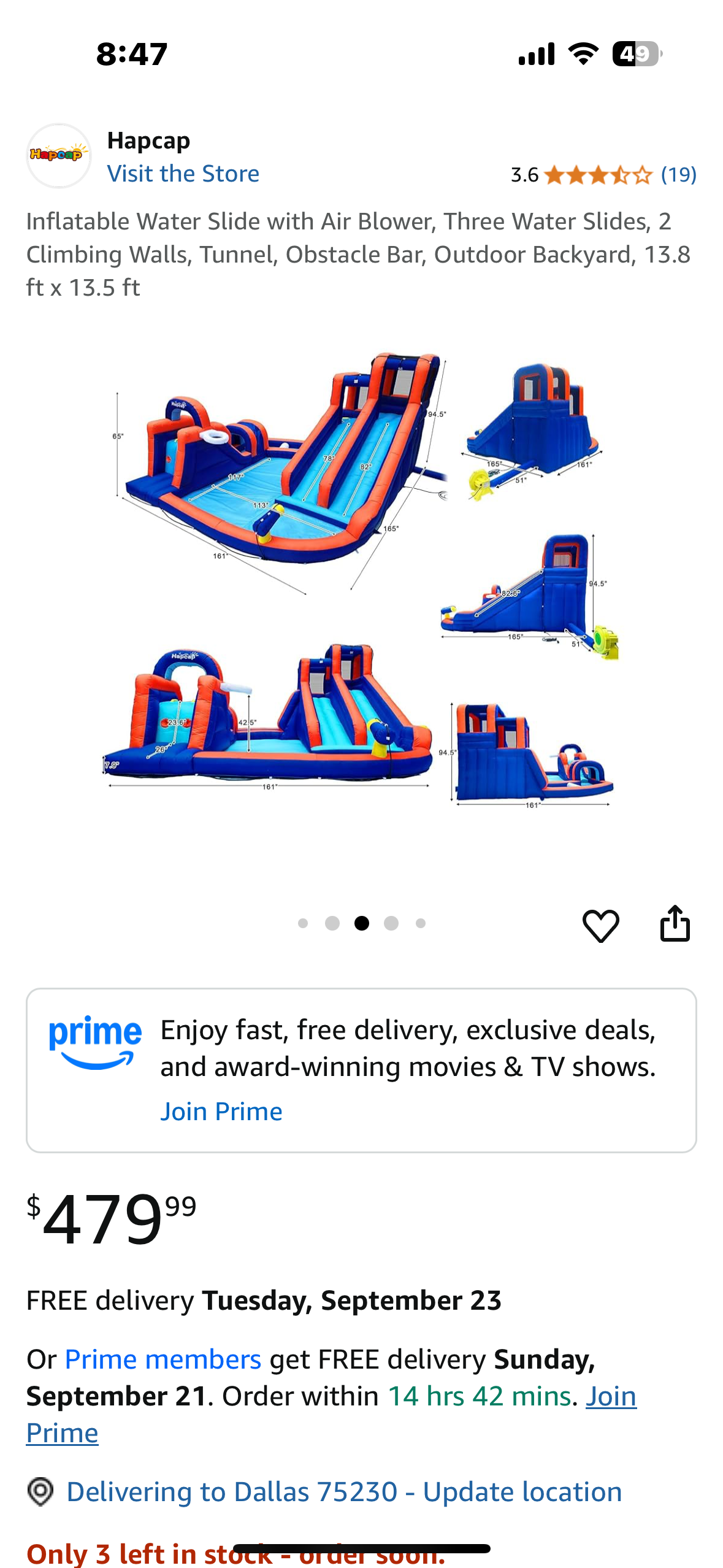 HAPCAP Inflatable Water Slide with Air Blower, Three Water Slides, 2
Climbing Walls, Tunnel, Obstacle Bar, Outdoor Backyard, 13.8 ft x 13.5 ft (W501)