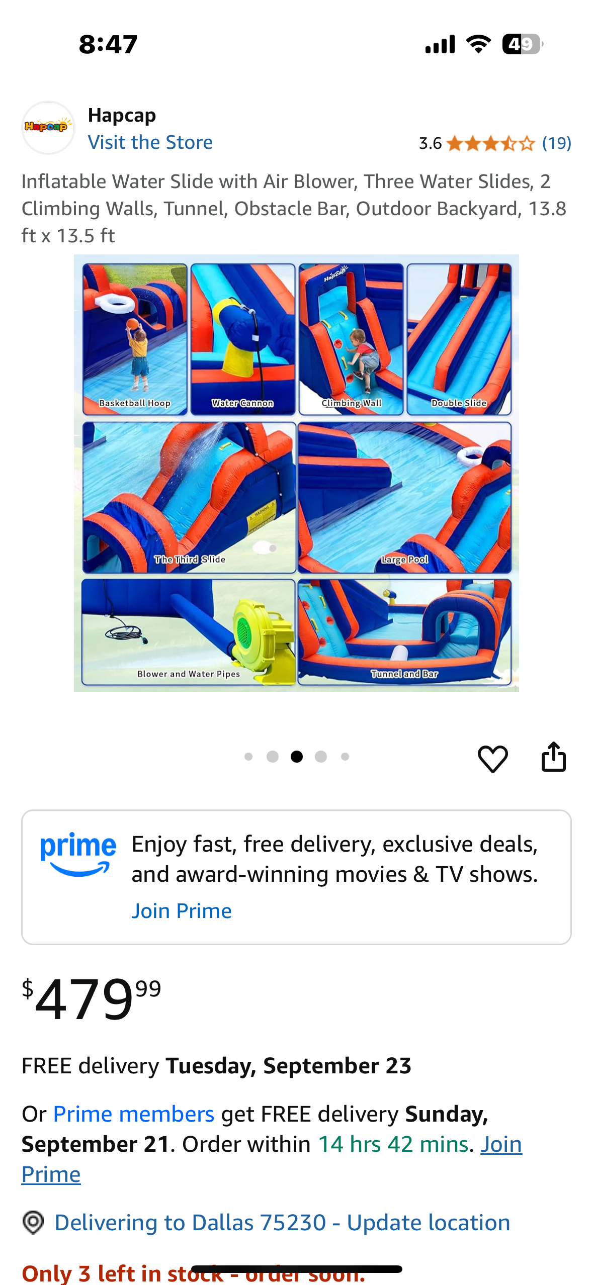 HAPCAP Inflatable Water Slide with Air Blower, Three Water Slides, 2
Climbing Walls, Tunnel, Obstacle Bar, Outdoor Backyard, 13.8 ft x 13.5 ft (W501)