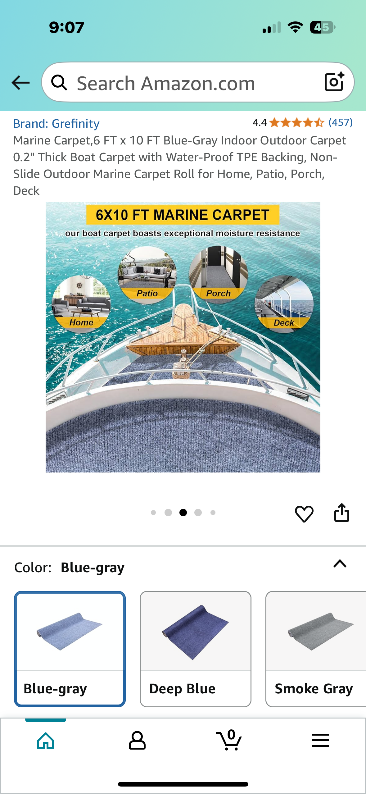 Marine Carpet,6 FT x 10 FT Blue-Gray Indoor Outdoor Carpet with Water-Proof TPE Backing, Non-Slide Outdoor Marine Carpet Roll for Home, Patio, Porch, Deck (G850)