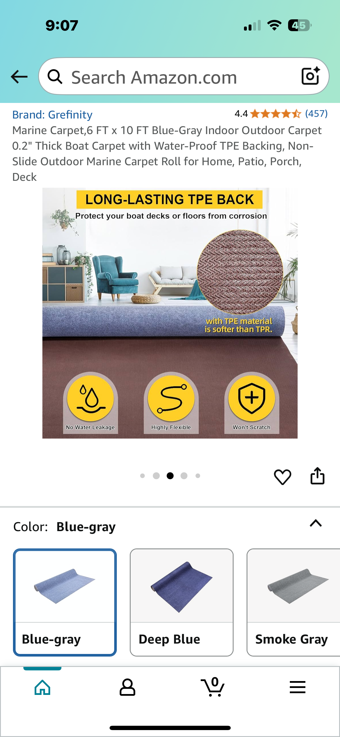 Marine Carpet,6 FT x 10 FT Blue-Gray Indoor Outdoor Carpet with Water-Proof TPE Backing, Non-Slide Outdoor Marine Carpet Roll for Home, Patio, Porch, Deck (G850)