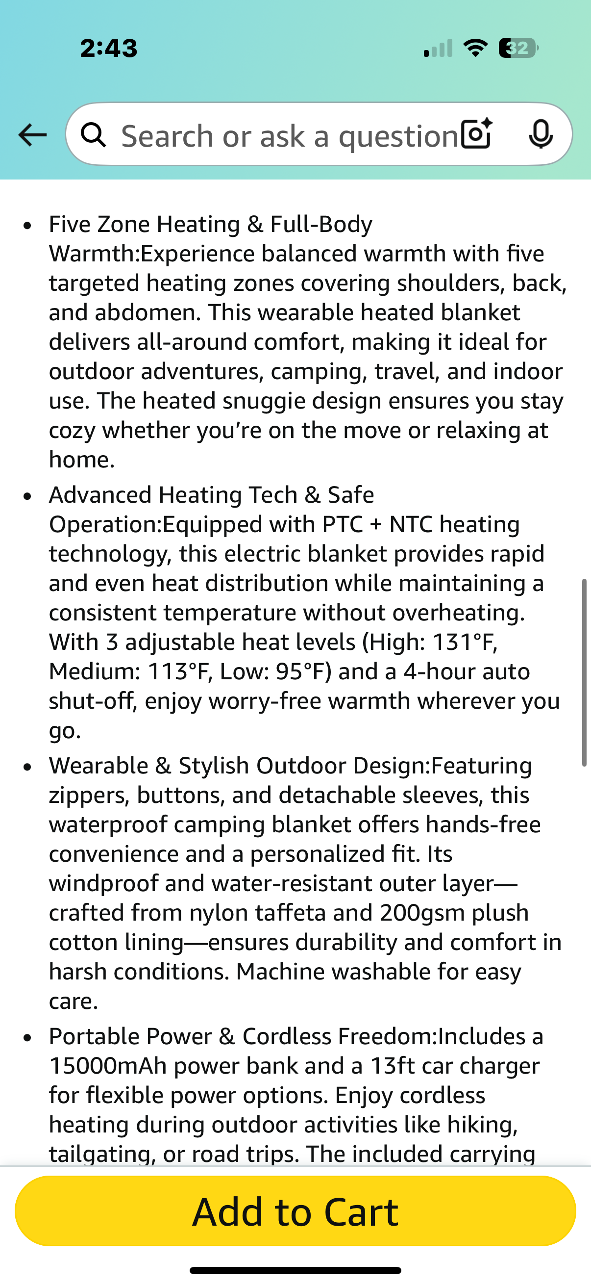 Bearhug 50” x 70” Heated Blankets Battery Operated, Cordless Wearable Heating Throw Blanket with 15000 mAh Power Bank, 3 Heating Levels USB Rechargeable Waterproof for Camping,Car,Outdoors (Peak