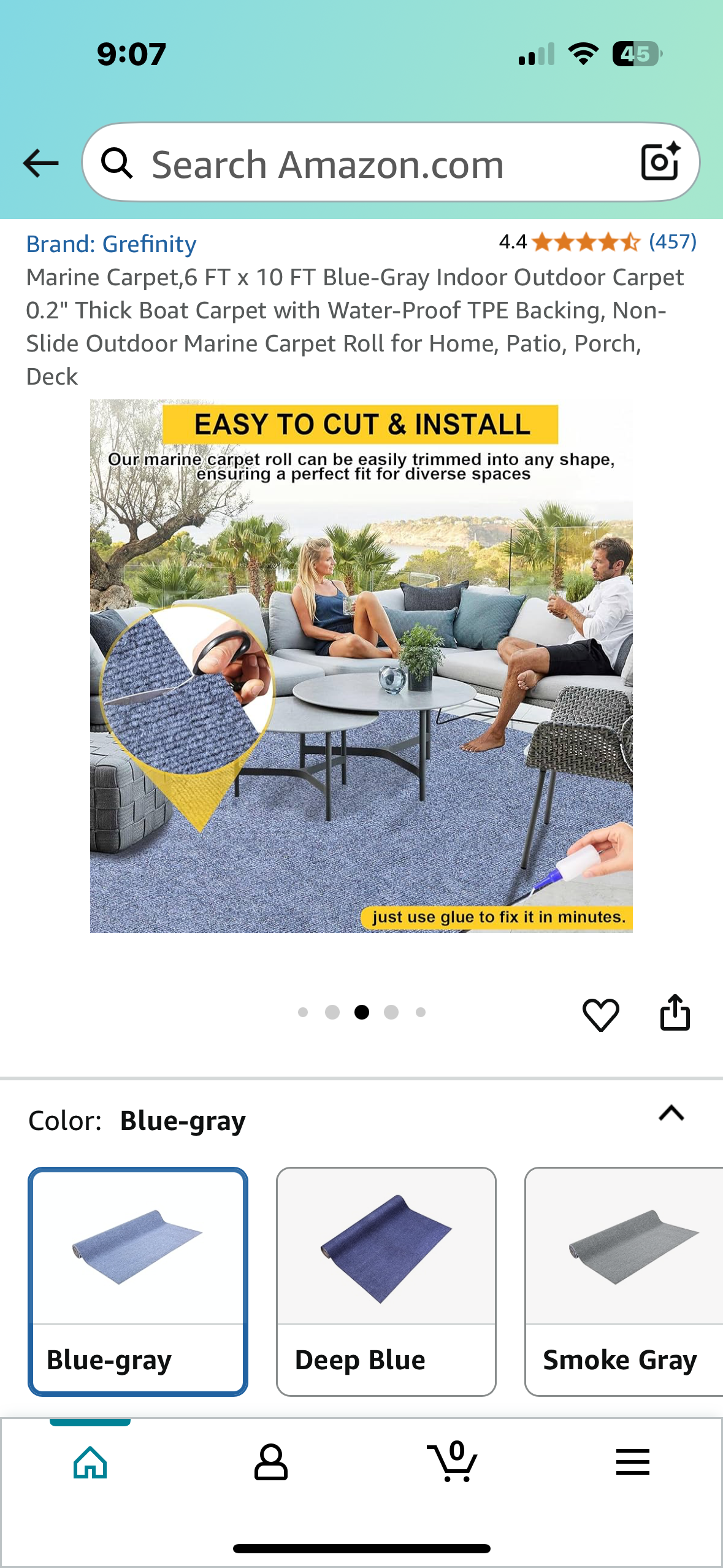 Marine Carpet,6 FT x 10 FT Blue-Gray Indoor Outdoor Carpet with Water-Proof TPE Backing, Non-Slide Outdoor Marine Carpet Roll for Home, Patio, Porch, Deck (G850)