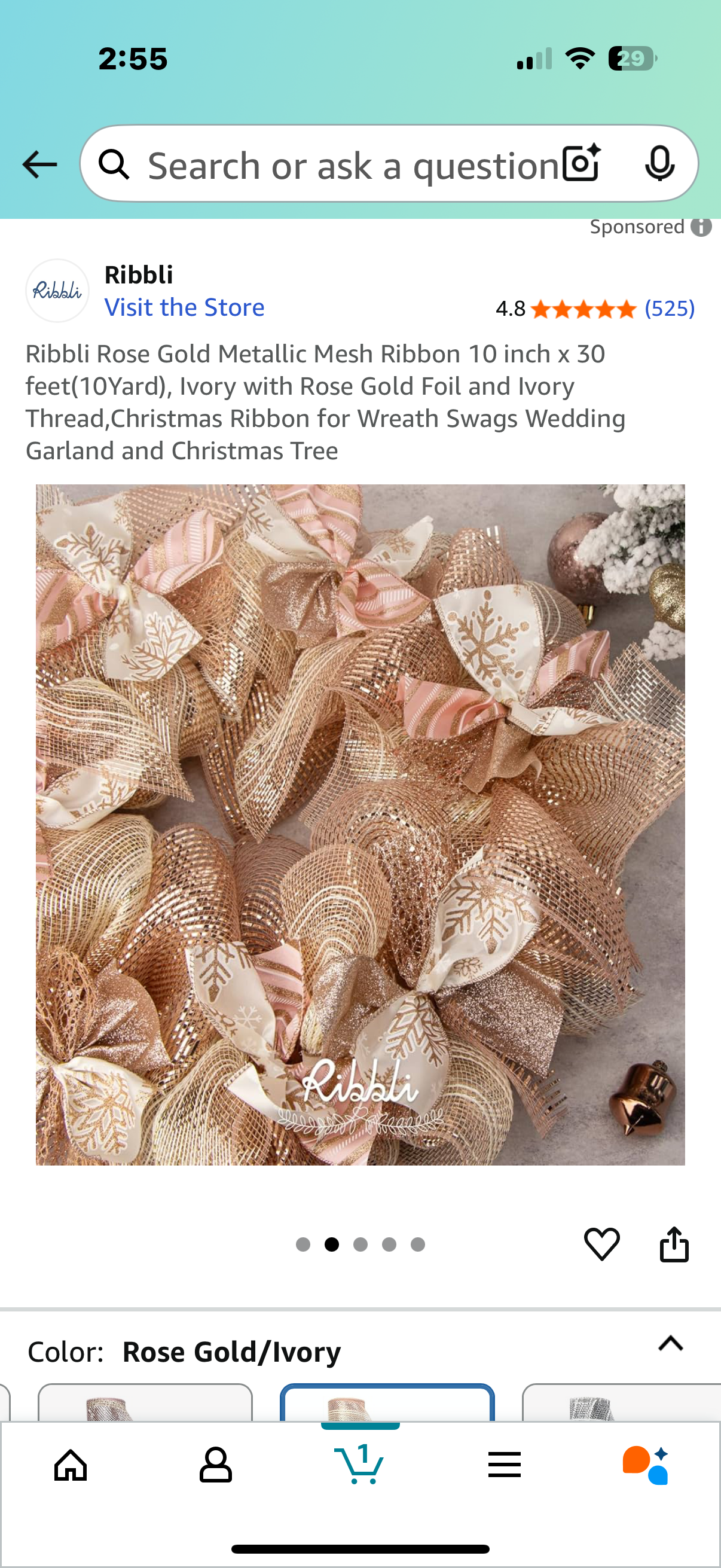 Ribbli Rose Gold Metallic Mesh Ribbon 10 inch x 30 feet(10Yard), Ivory with Rose Gold Foil and Ivory Thread,Christmas Ribbon for Wreath Swags Wedding Garland and Christmas Tree