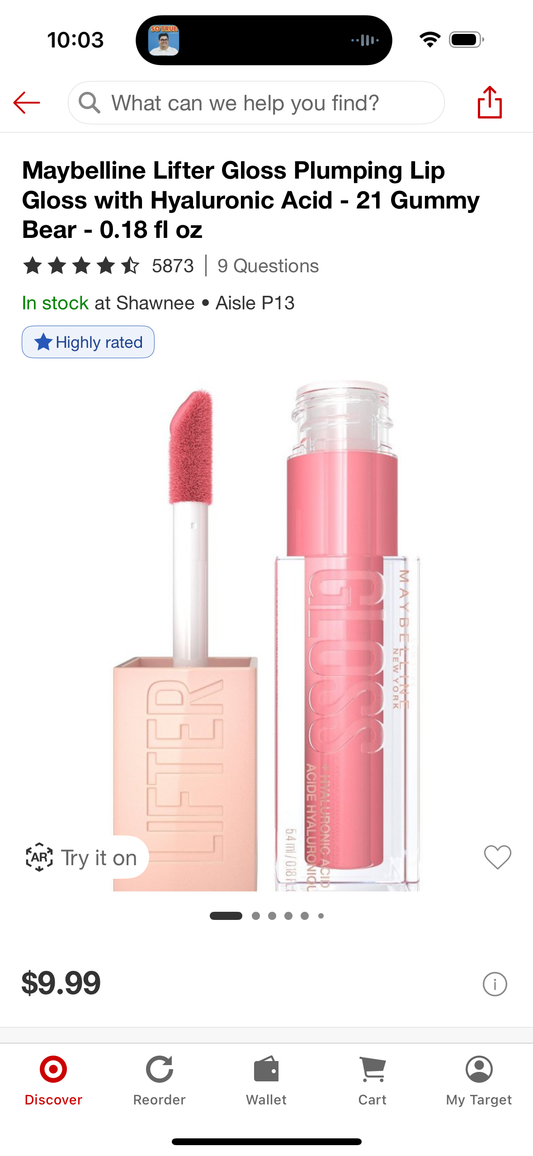 Maybelline Lifter Gloss Plumping Lip Gloss with Hyaluronic Acid - 21 Gummy Bear - 0.18 fl oz