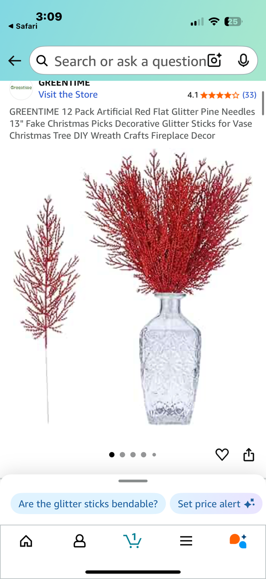 GREENTIME 12 Pack Artificial Red Flat Glitter Pine Needles 13" Fake Christmas Picks Decorative Glitter Sticks for Vase Christmas Tree DIY Wreath Crafts Fireplace Decor