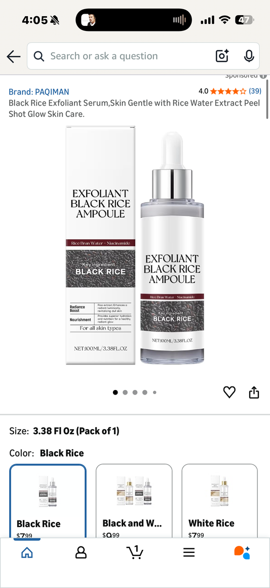 Black Rice Exfoliant Serum,Skin Gentle with Rice Water Extract Peel Shot Glow Skin Care