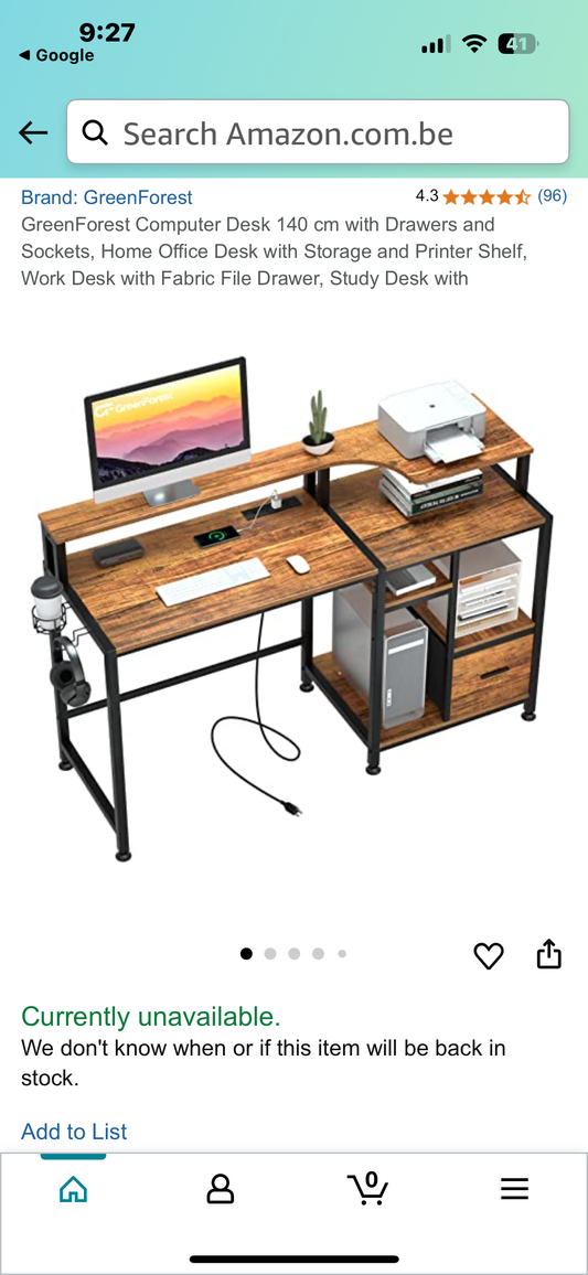 GreenForest Computer Desk 140 cm with Drawers and Sockets, Home Office Desk with Storage and Printer Shelf, Work Desk with Fabric File Drawer, Study Desk with (O444)