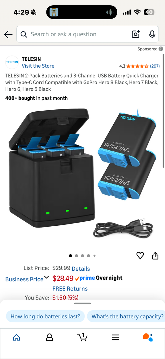 TELESIN 2-Pack Batteries and 3-Channel USB Battery Quick Charger with Type-C Cord Compatible with GoPro Hero 8 Black, Hero 7 Black, Hero 6, Hero 5 Black