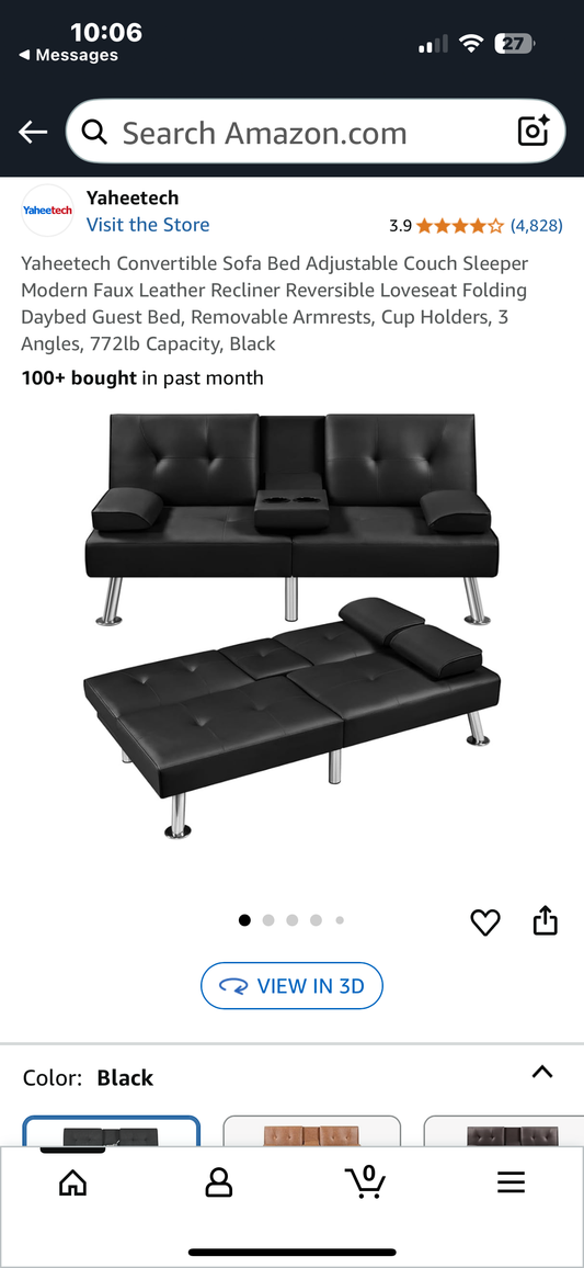 Convertible Couch Sofa Bed Sleeper, Modern Faux Leather Recliner, Reversible Loveseat, Folding Daybed Guest Bed, Removable Armrests, Cup Holders, 3 Angles, 772lb Capacity, Black (L996)